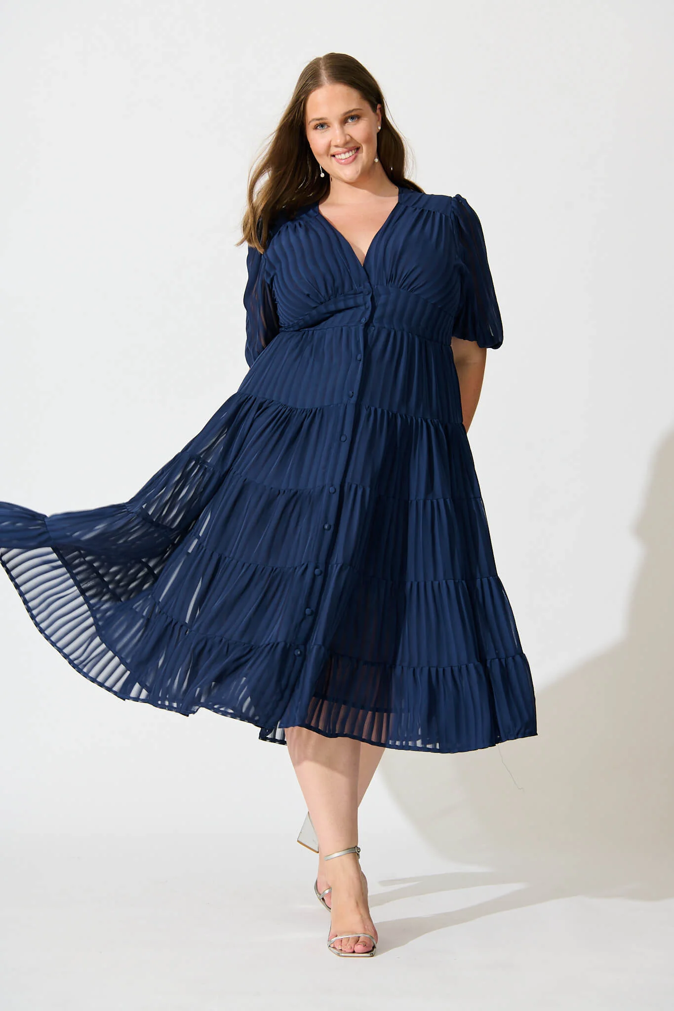 Modica Midi Dress In Navy Chiffon - Image 7