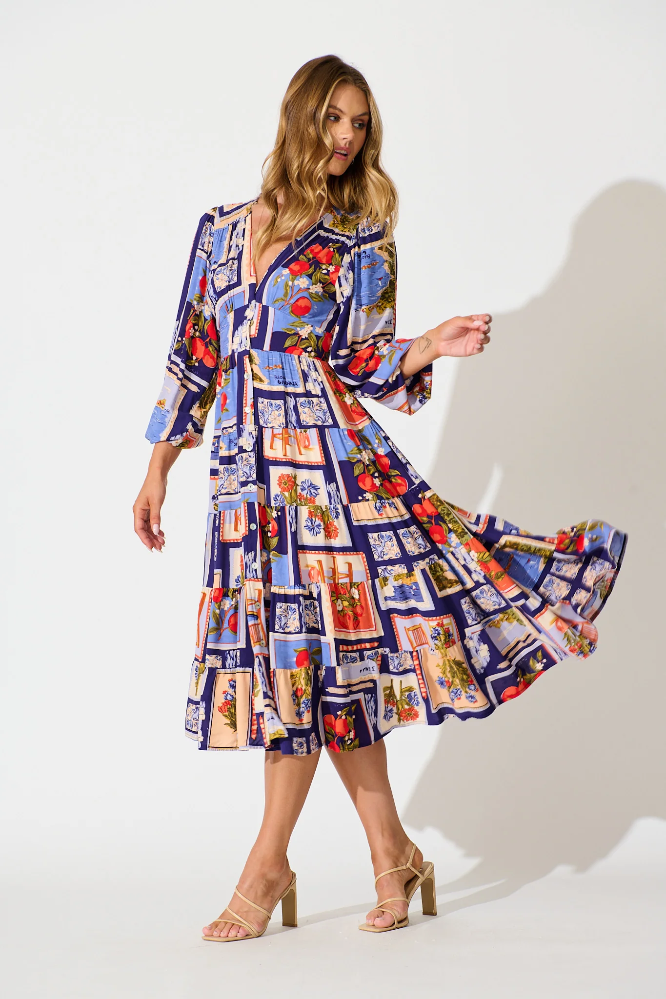 Modical Midi Dress In Blue Multi Postcard Print - Image 3