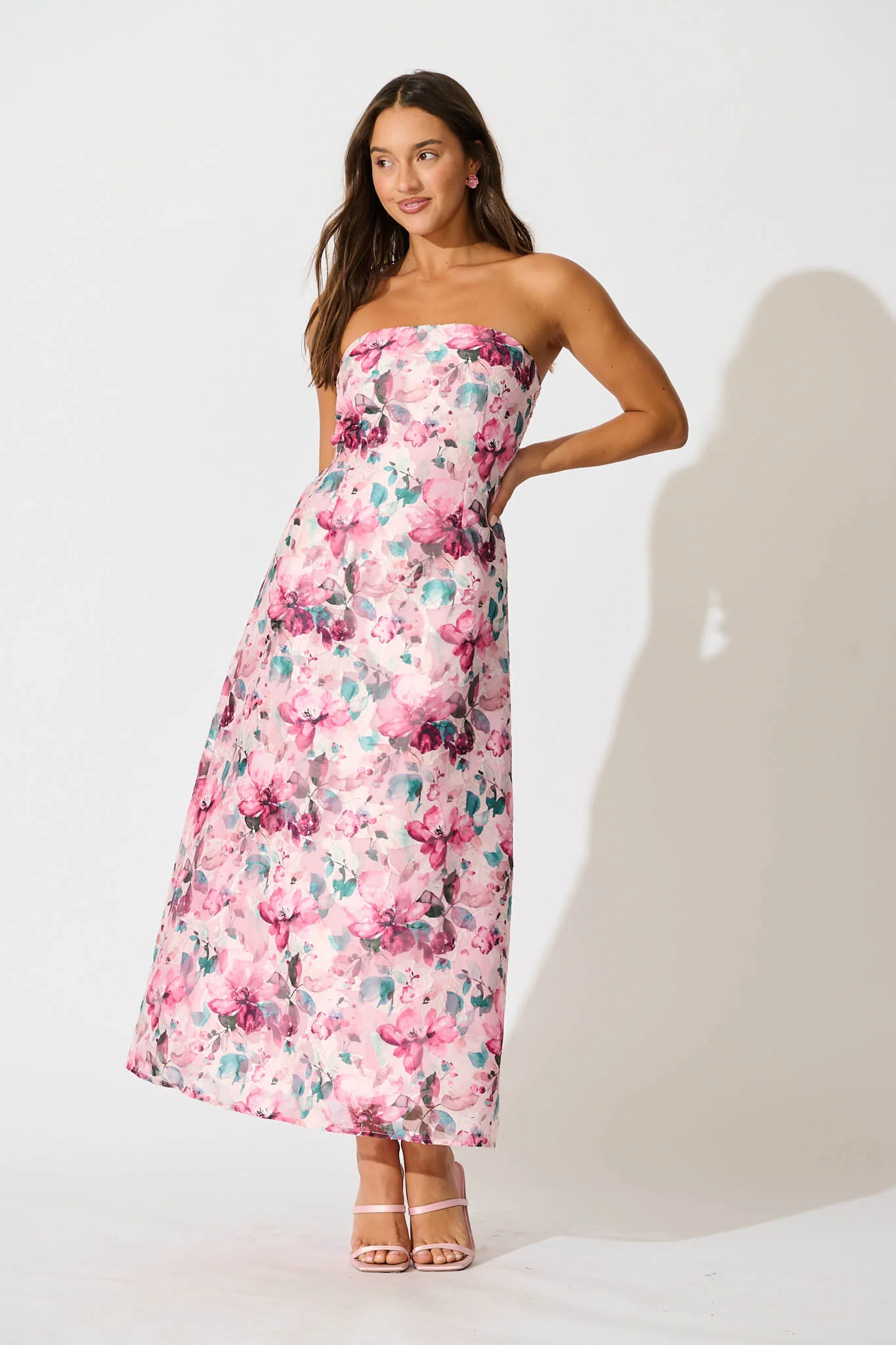 Mon Cherie Maxi Dress in Multi Pink Floral Organza - Image 2