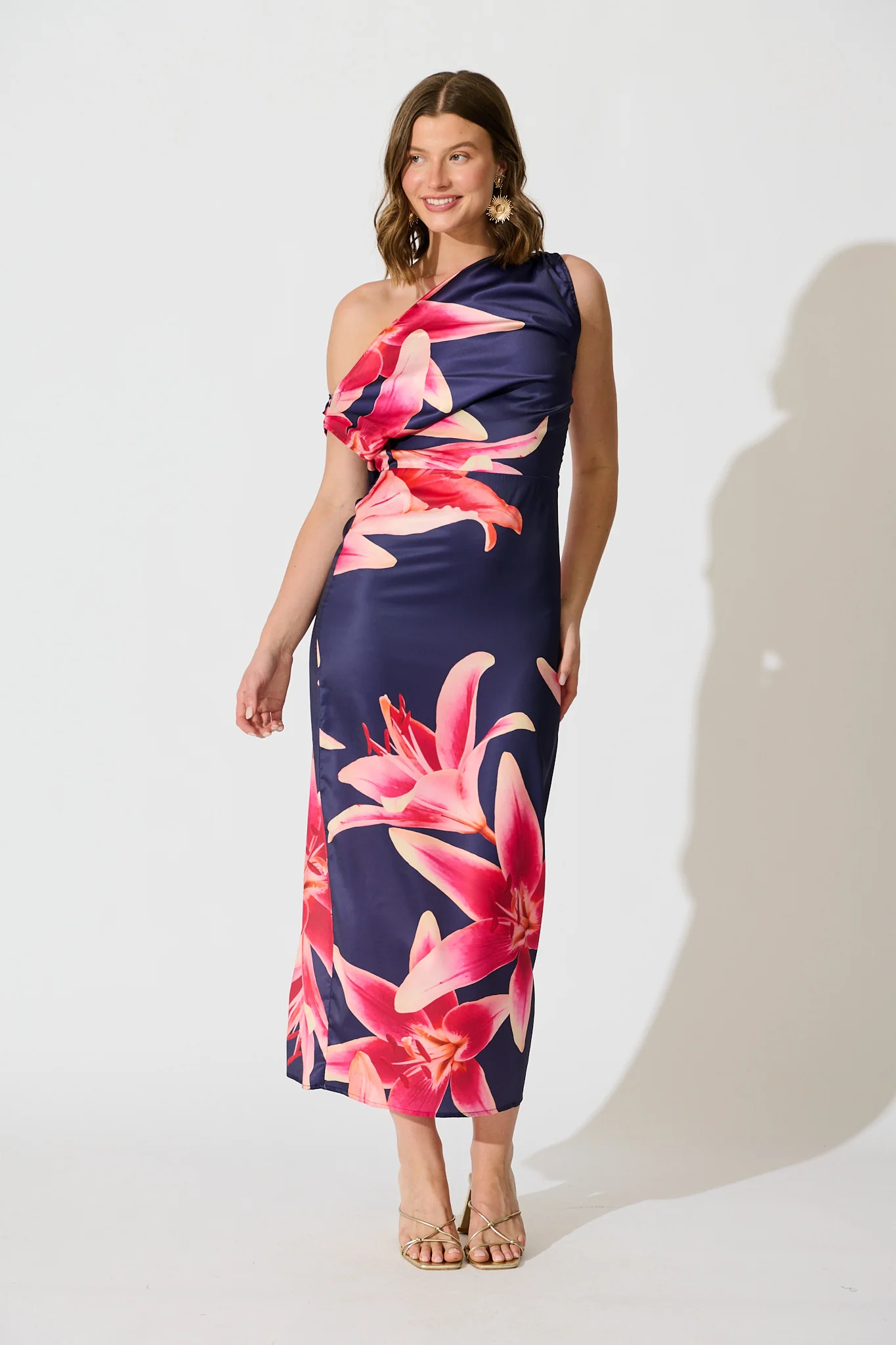 Moon Lily One Shoulder Maxi Dress in Navy Floral Satin - Image 3
