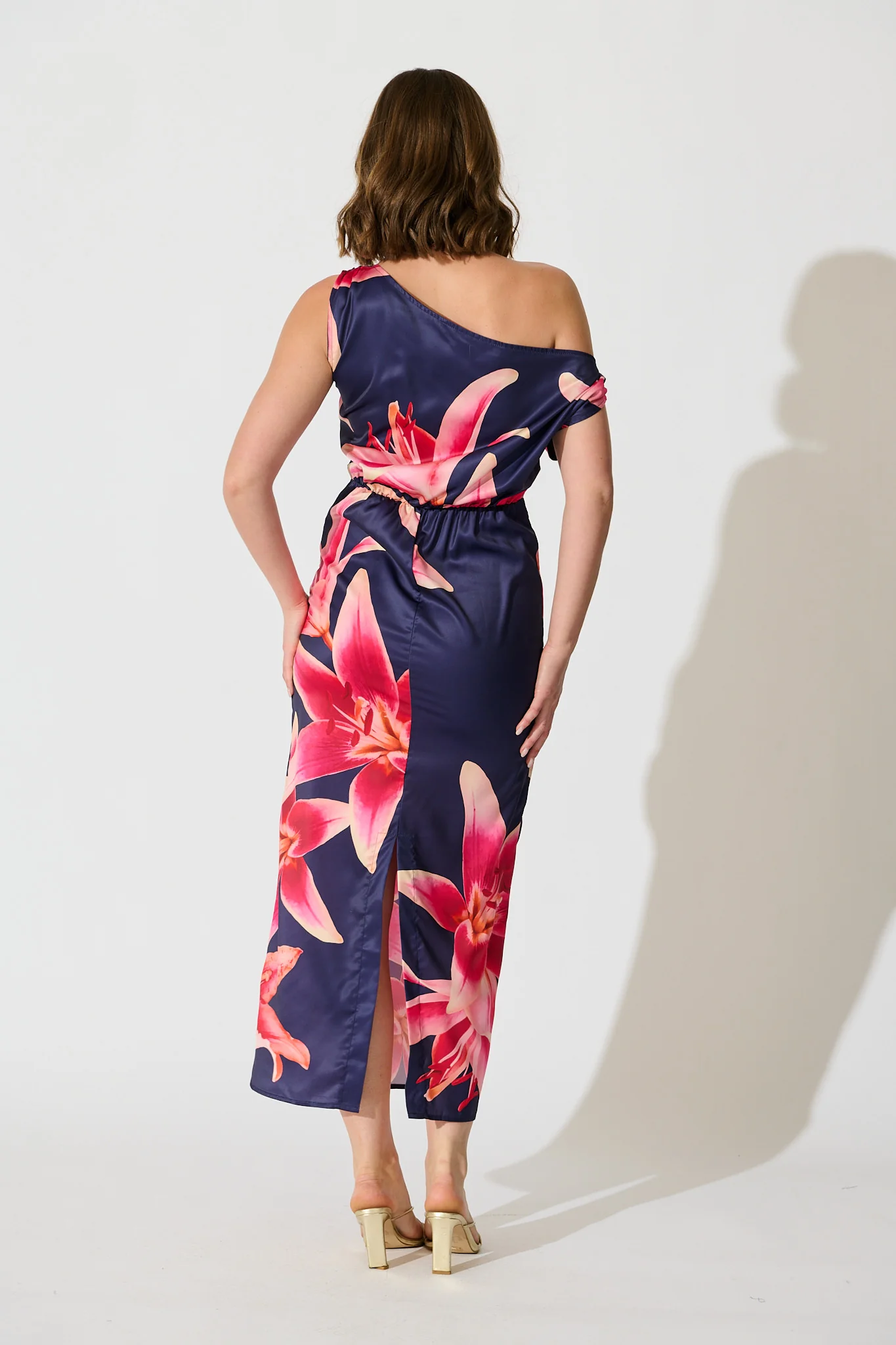 Moon Lily One Shoulder Maxi Dress in Navy Floral Satin - Image 7