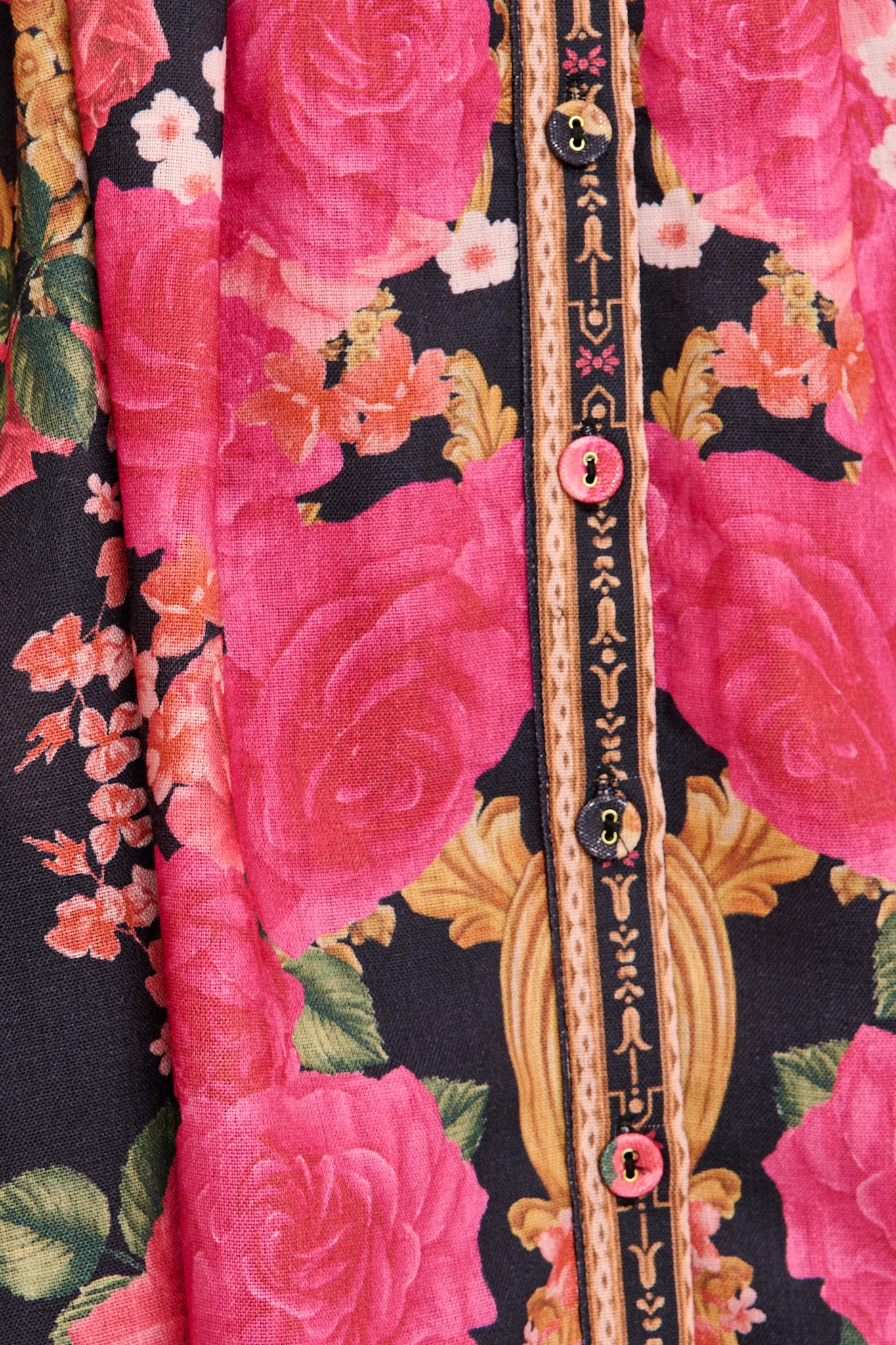 Moonlit Desire Shirt Dress in Black with Pink Floral Linen Blend - Image 11