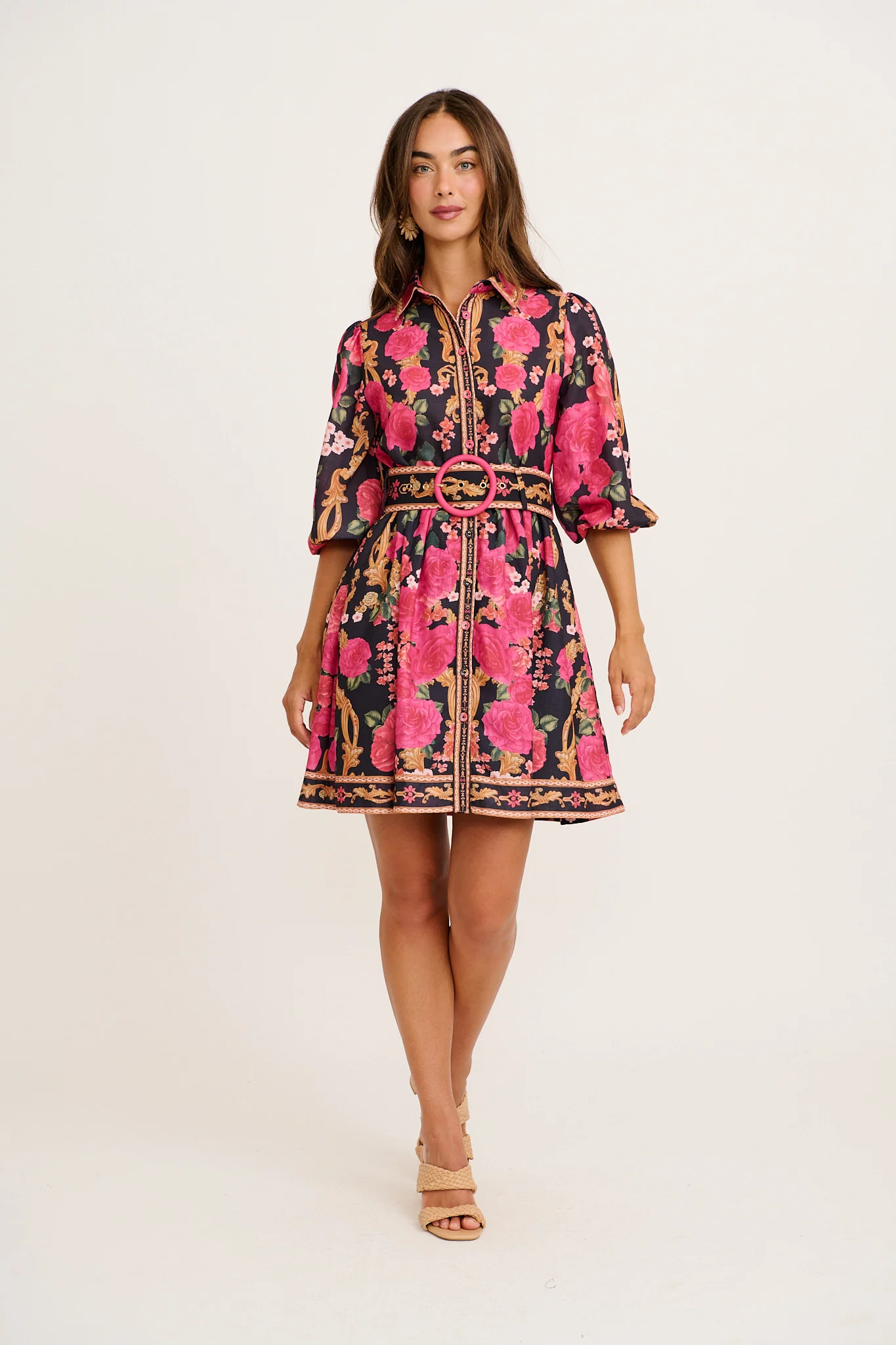 Moonlit Desire Shirt Dress in Black with Pink Floral Linen Blend - Image 3