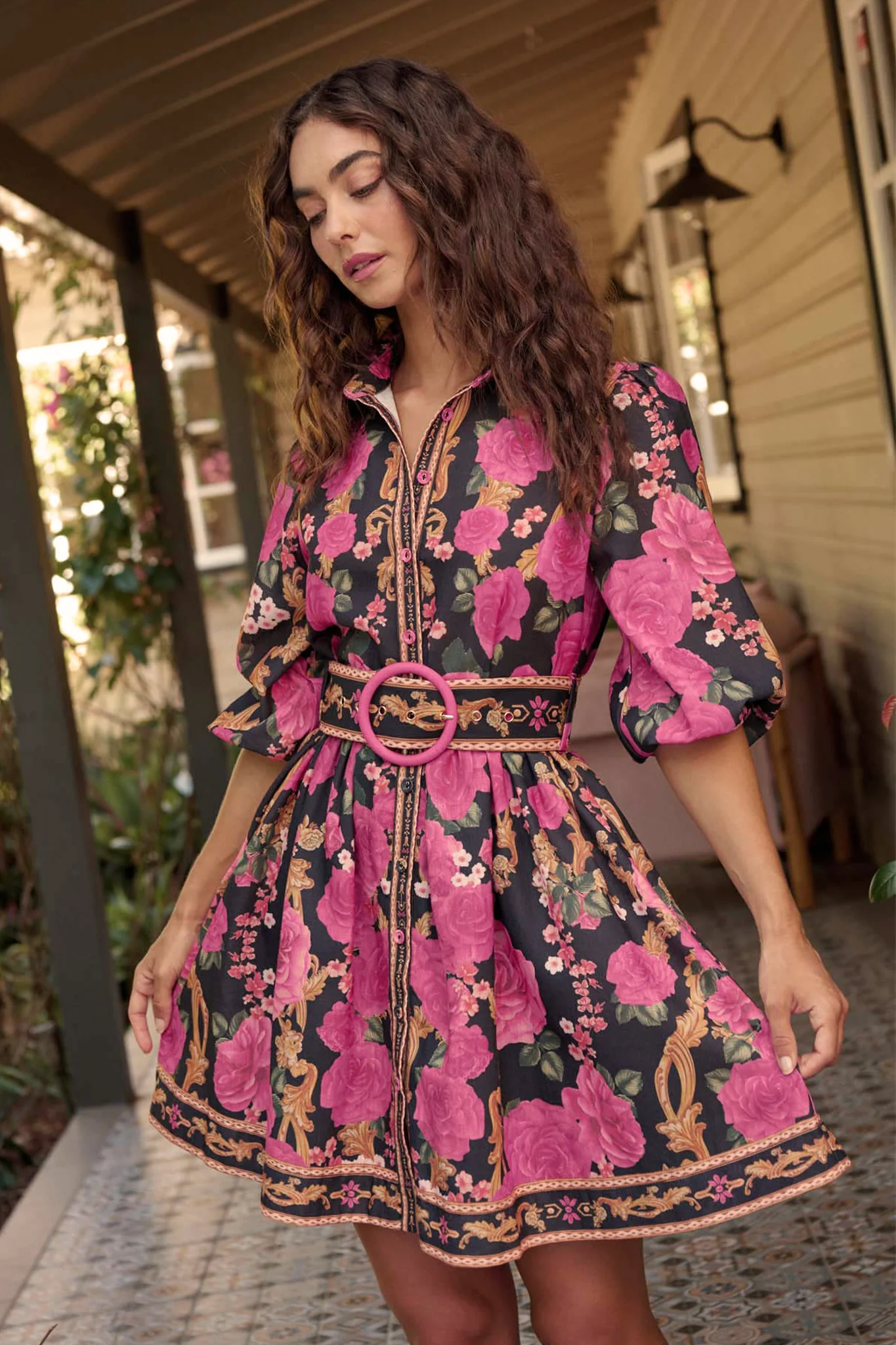 Moonlit Desire Shirt Dress in Black with Pink Floral Linen Blend - Image 5