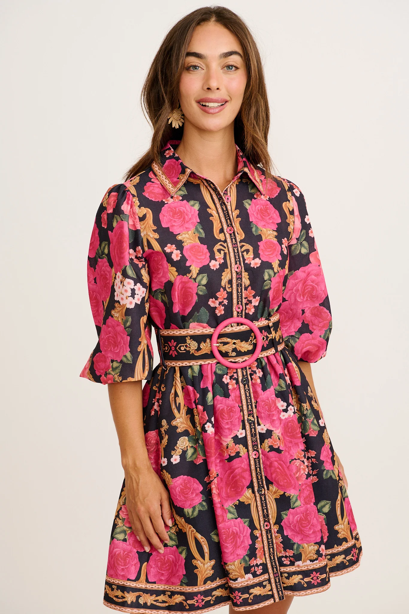 Moonlit Desire Shirt Dress in Black with Pink Floral Linen Blend - Image 7