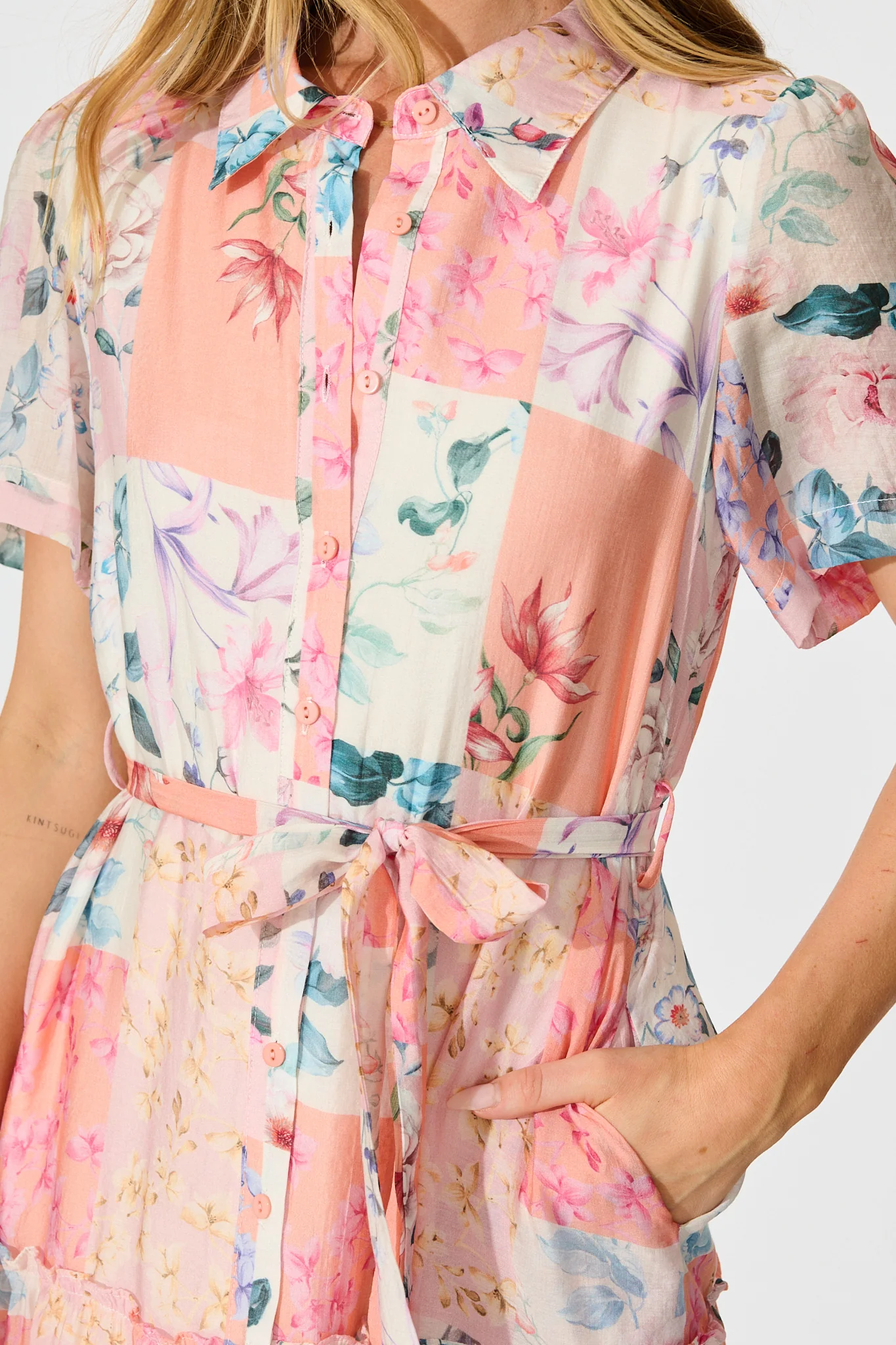 Morgana Midi Shirt Dress in Pink Patchwork Floral - Image 5