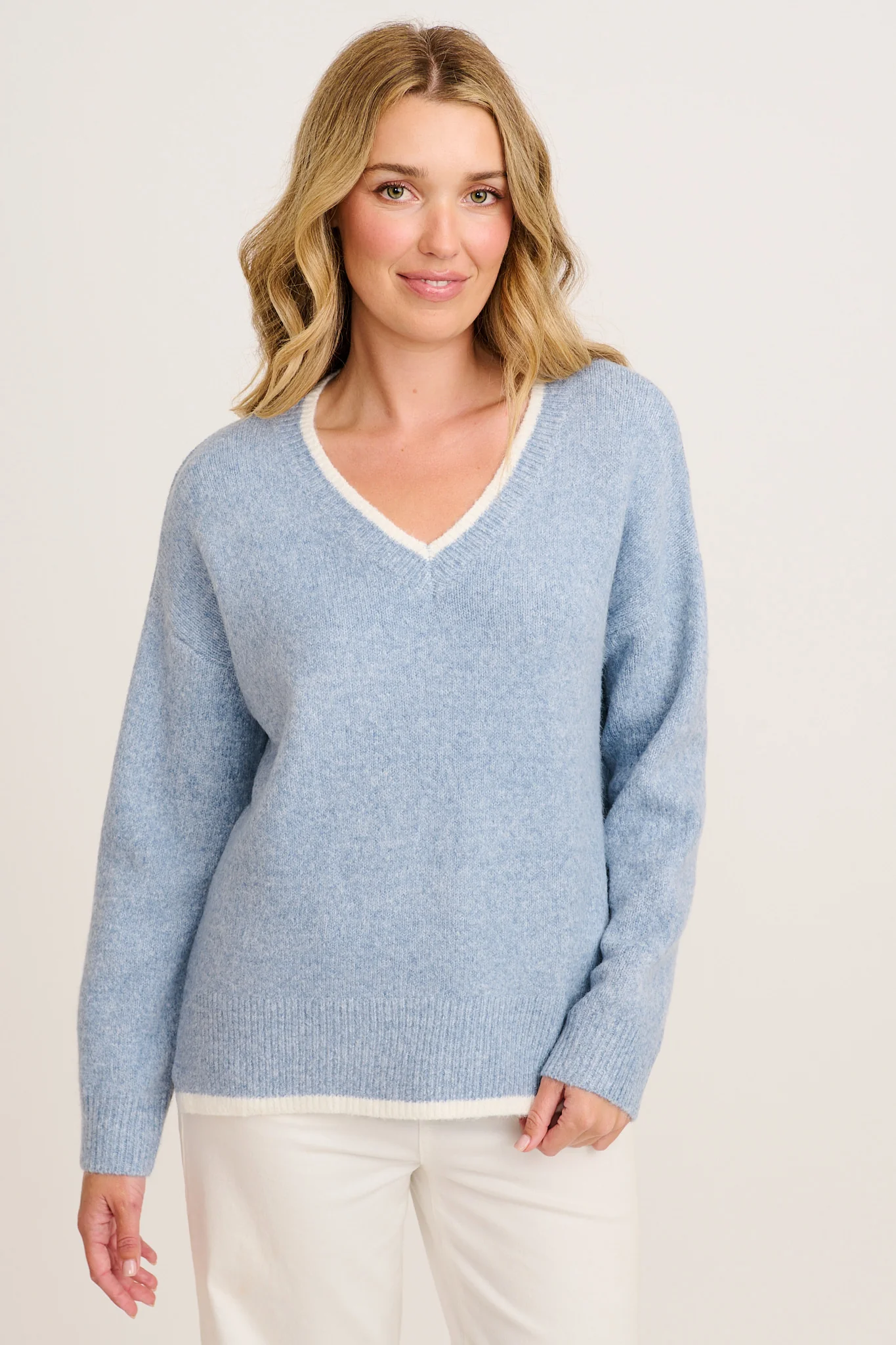 Morning Mist Knit in Blue with Cream Trim Wool Blend