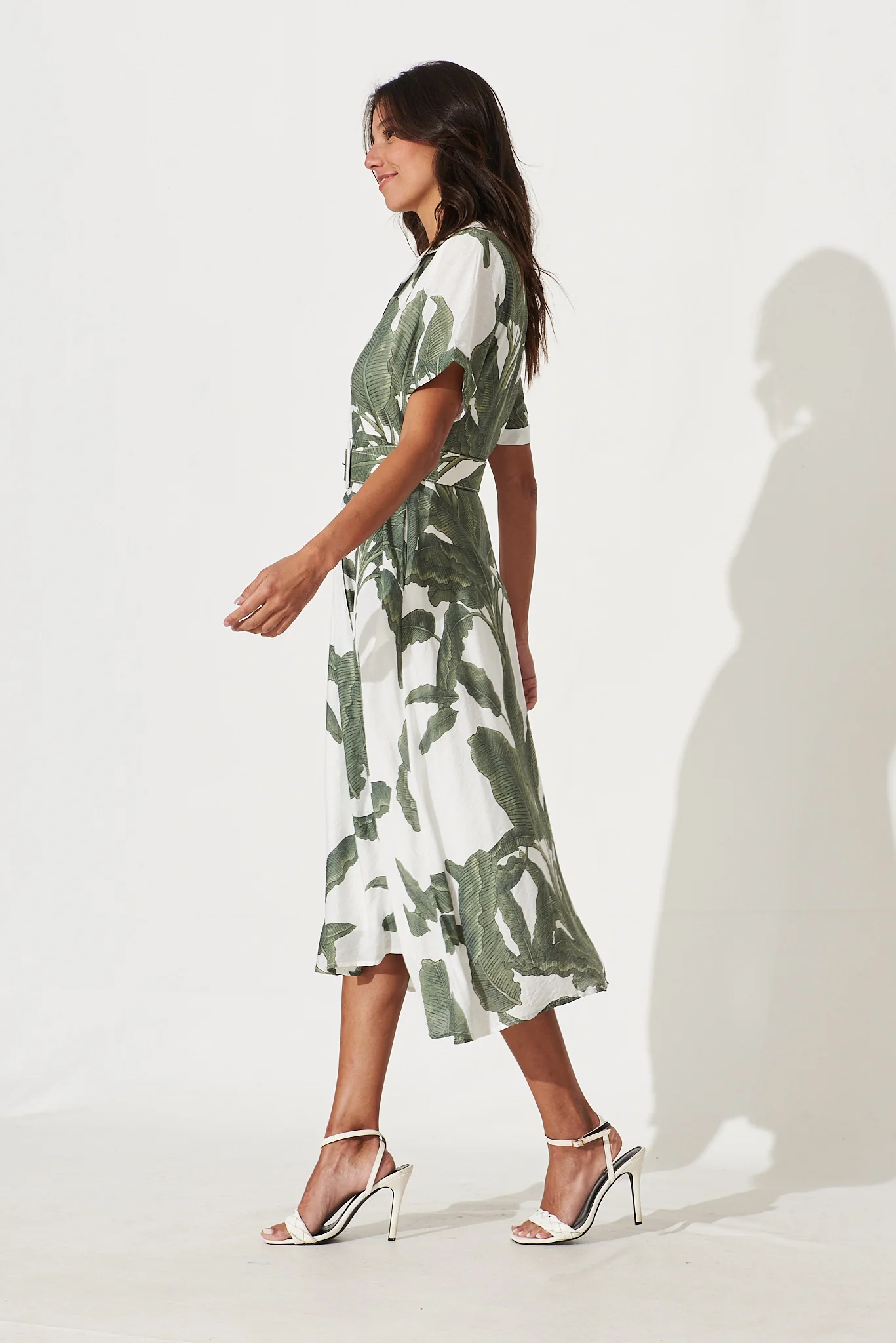 My Sweet Midi Shirt Dress In White With Green Leaf Print - Image 3