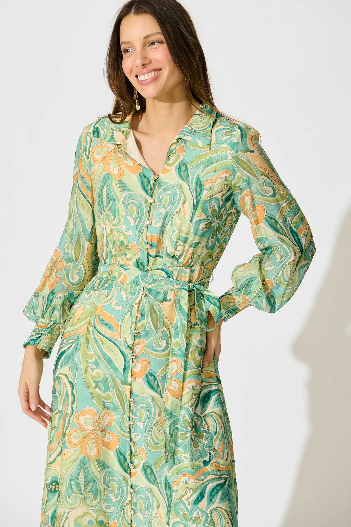Mystic Mirage Midi Shirt Dress in Multi Green Print - Image 2