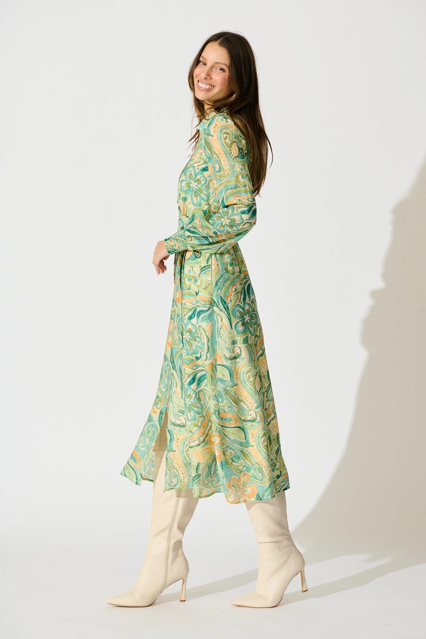 Mystic Mirage Midi Shirt Dress in Multi Green Print - Image 3