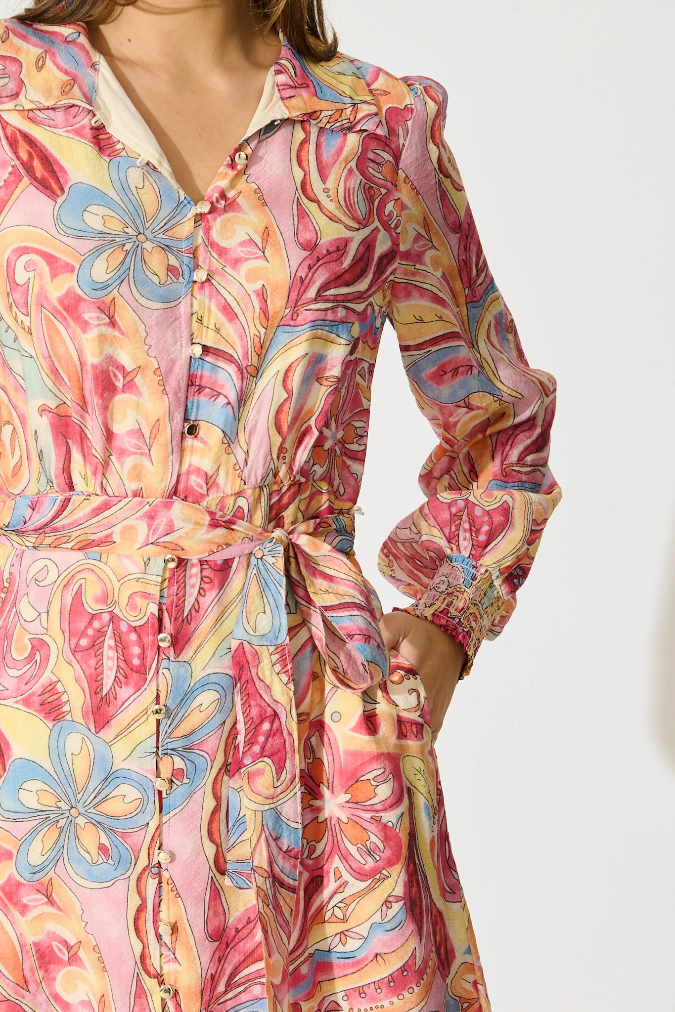 Mystic Mirage Midi Shirt Dress in Multi Pink Print - Image 5