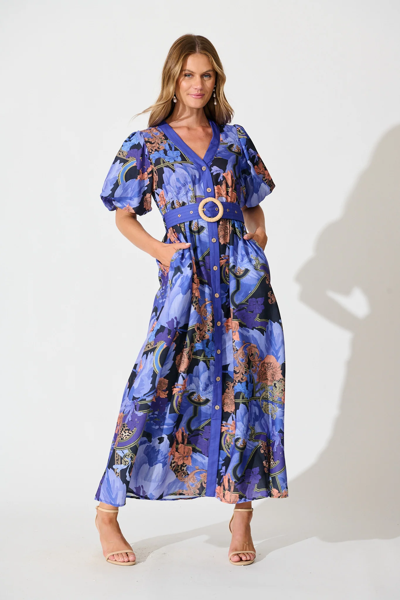 Mystical Bloom Maxi Dress in Blue with Multi Linen Blend - Image 2