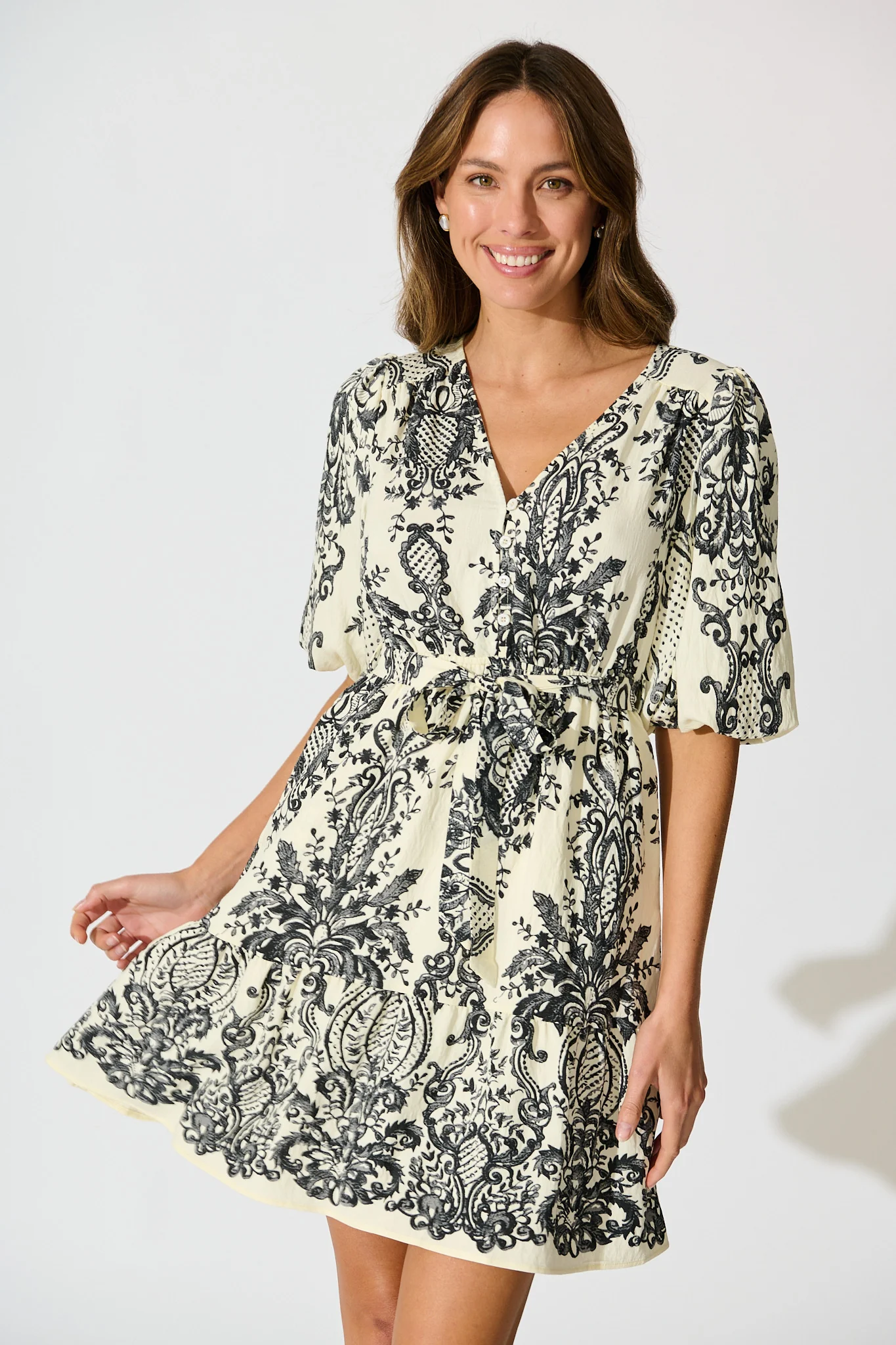 Nadette Dress in White with Black Boho Print - Image 2