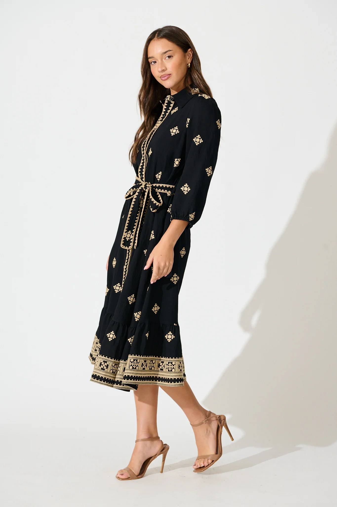 Nahla Midi Shirt Dress in Black with Cream Embroidery - Image 3
