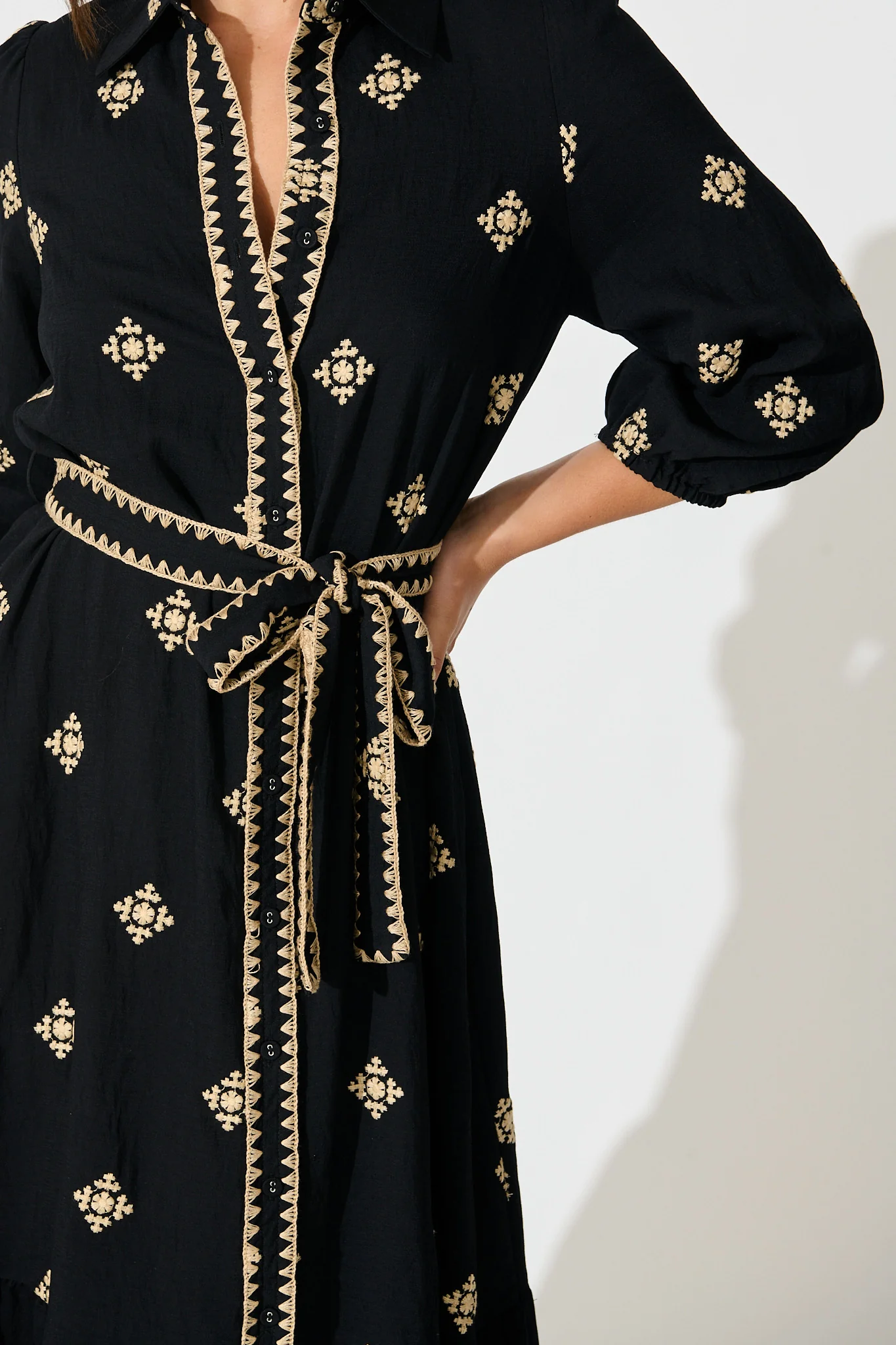 Nahla Midi Shirt Dress in Black with Cream Embroidery - Image 5