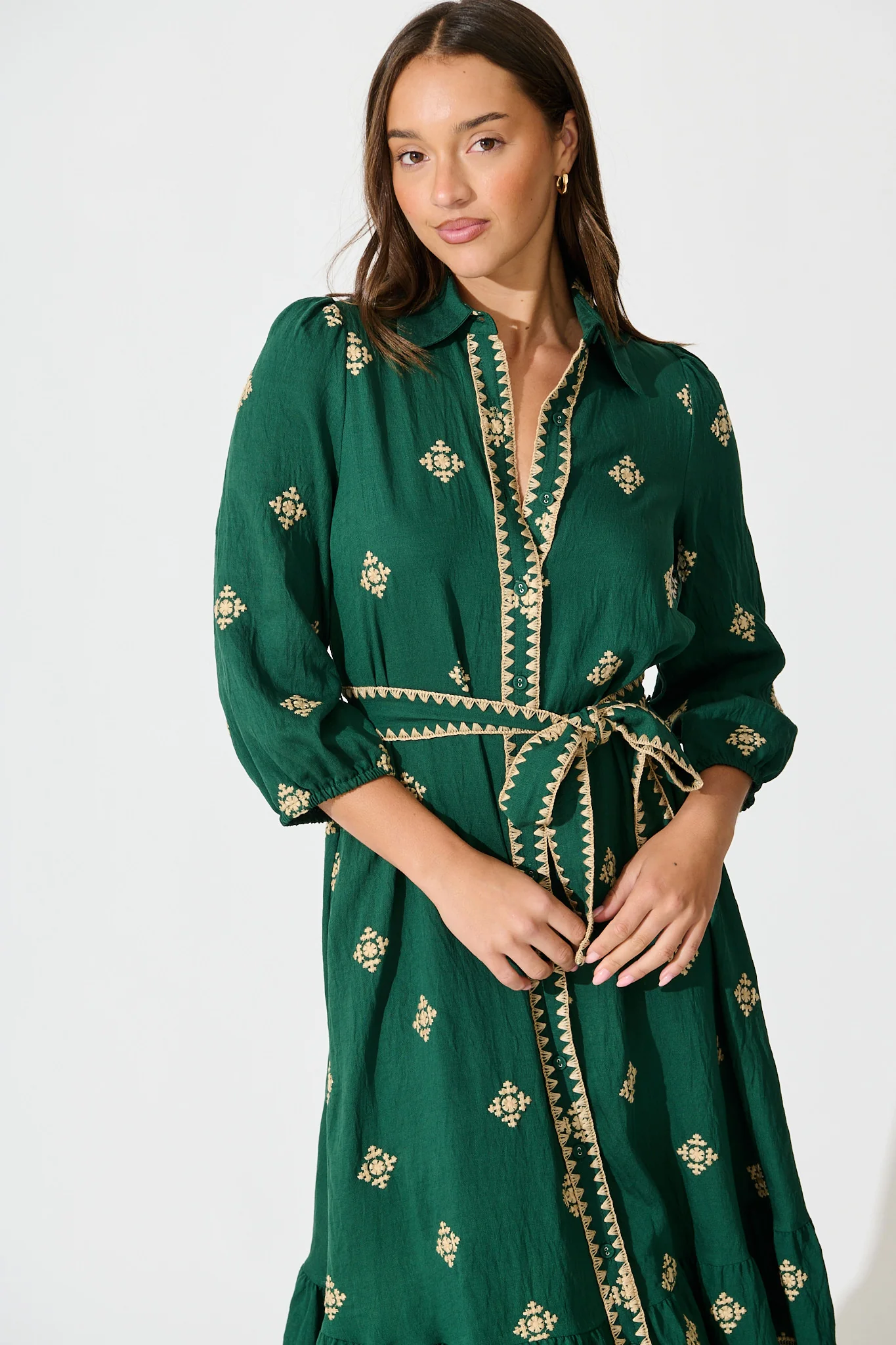 Nahla Midi Shirt Dress in Emerald with Cream Embroidery - Image 2