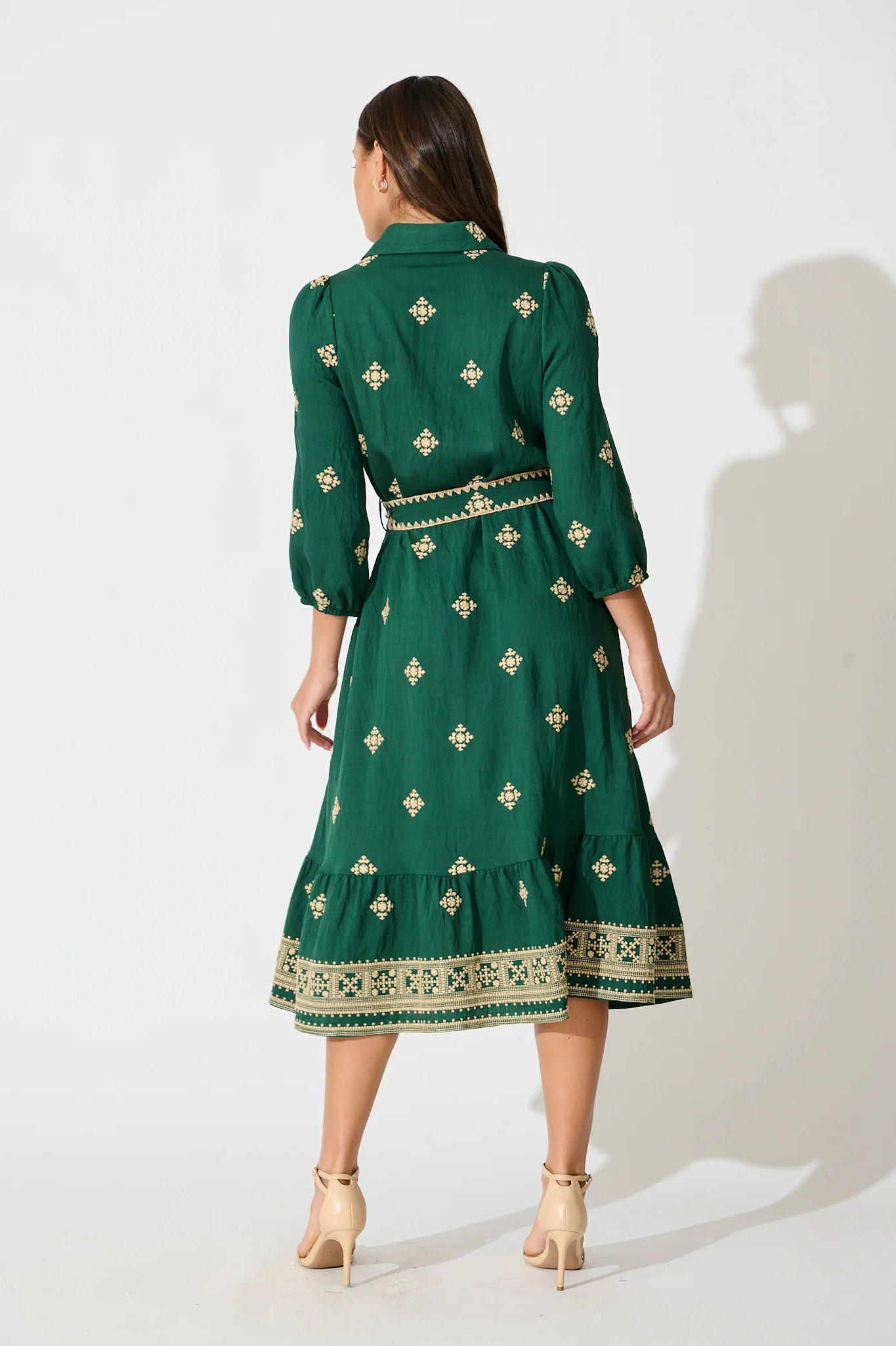 Nahla Midi Shirt Dress in Emerald with Cream Embroidery - Image 4