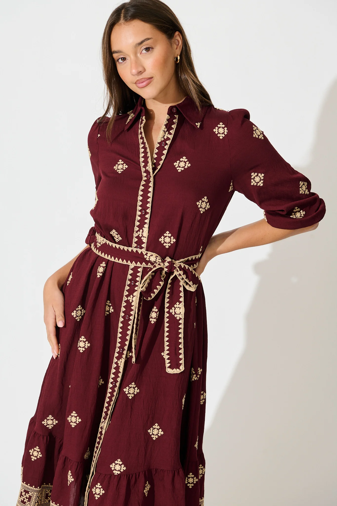 Nahla Midi Shirt Dress in Wine with Cream Embroidery - Image 3