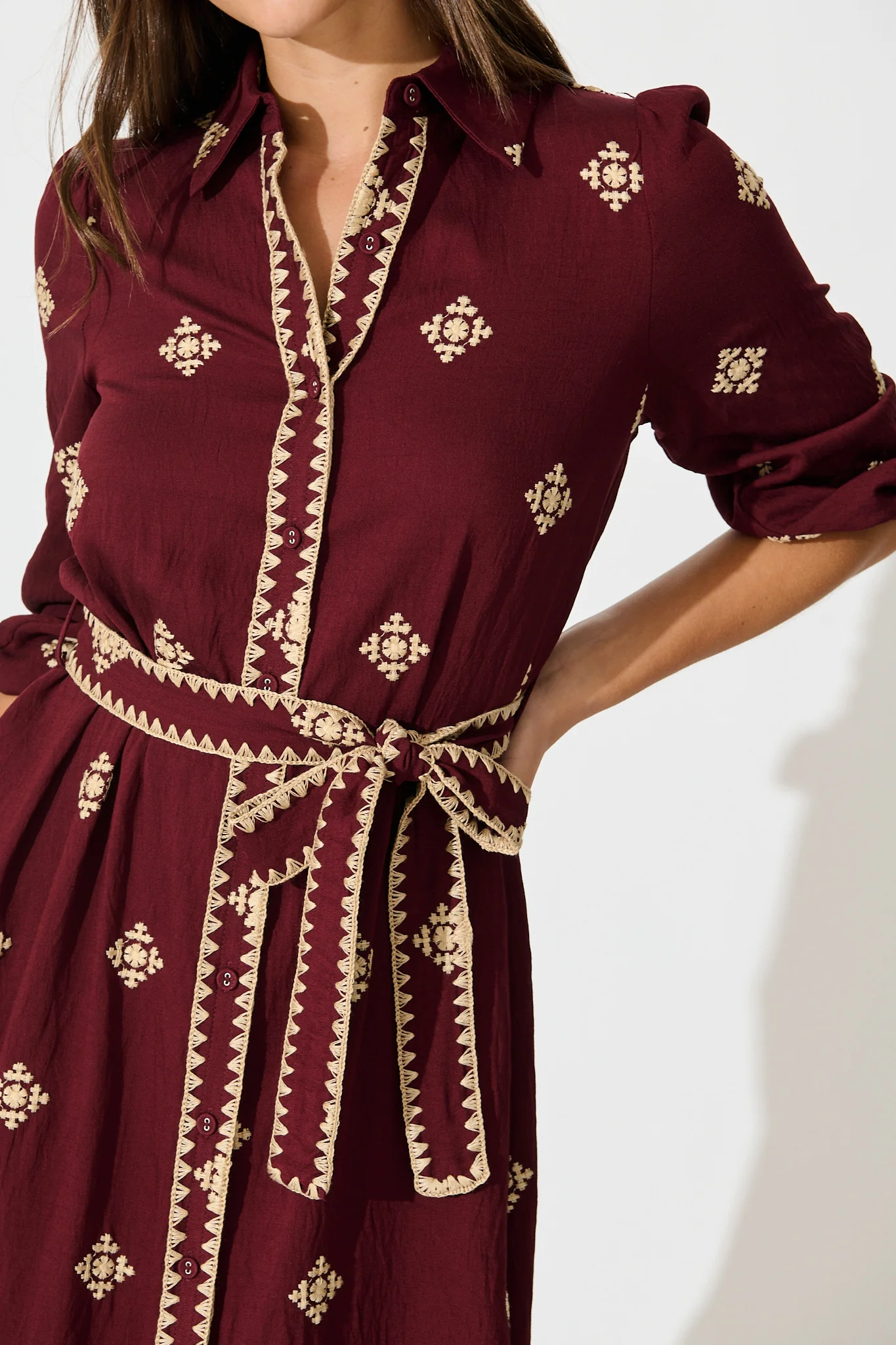 Nahla Midi Shirt Dress in Wine with Cream Embroidery - Image 5