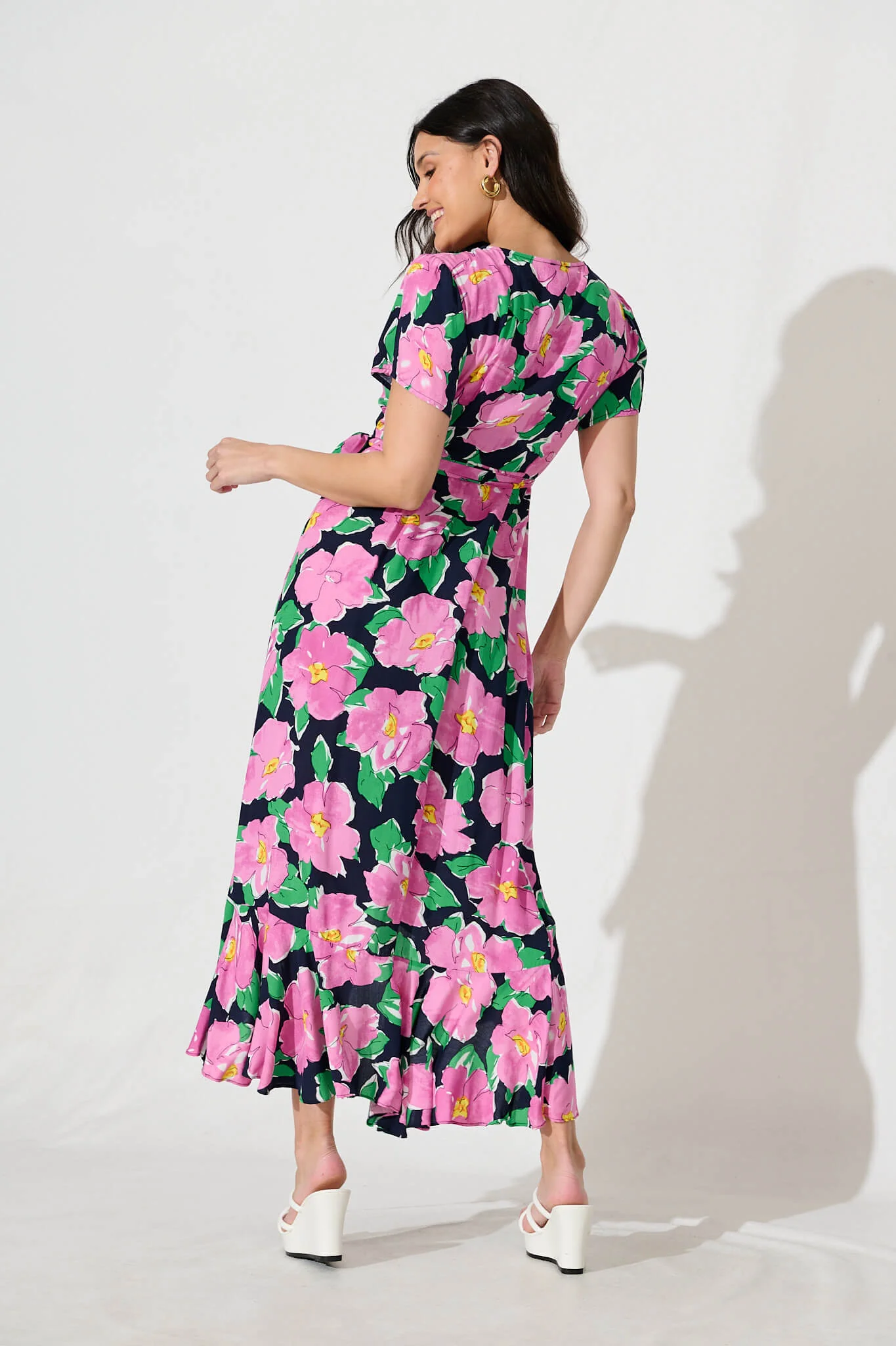 Naira Midi Wrap Dress in Black and Purple Floral - Image 4