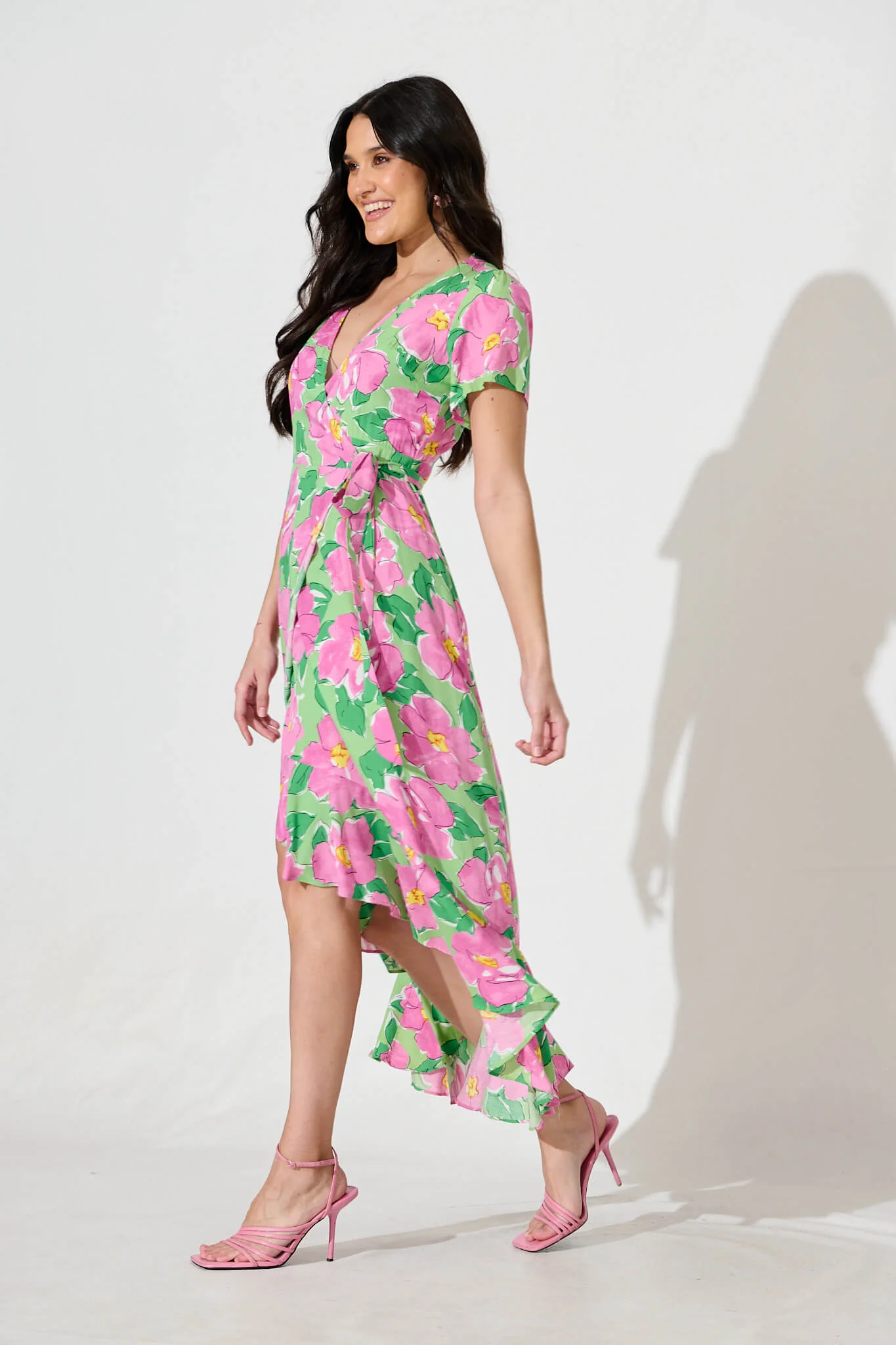 Naira Midi Wrap Dress in Green and Purple Floral - Image 3