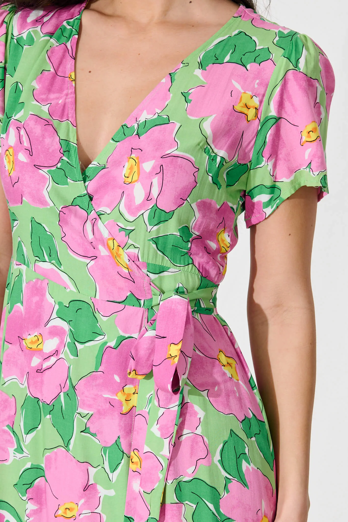 Naira Midi Wrap Dress in Green and Purple Floral - Image 6
