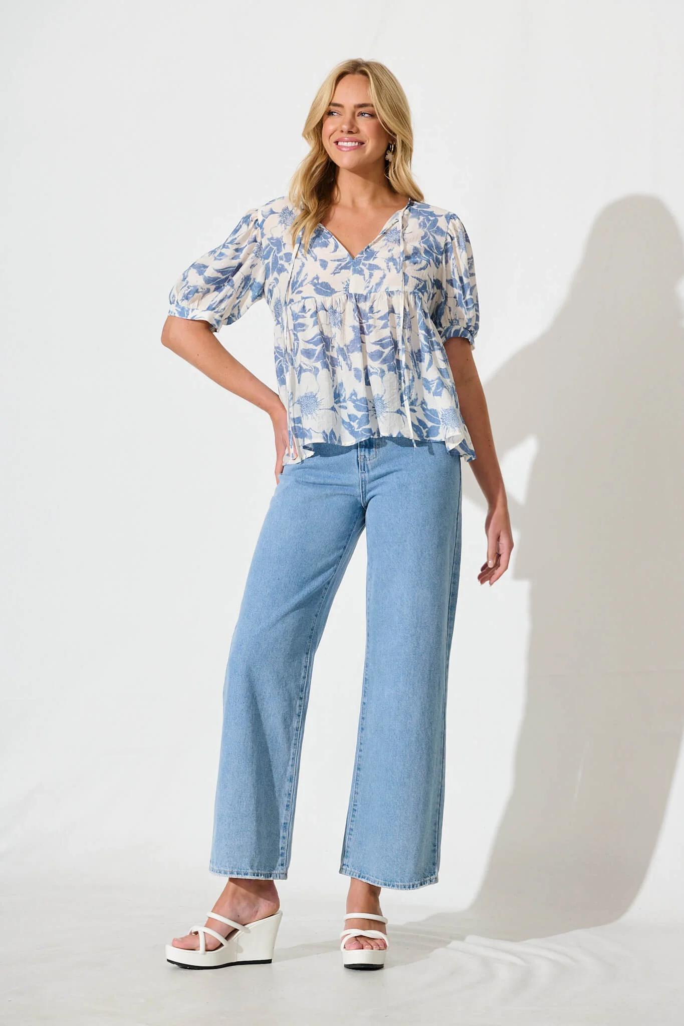 Nalini Top in White with Blue Flower - Image 4