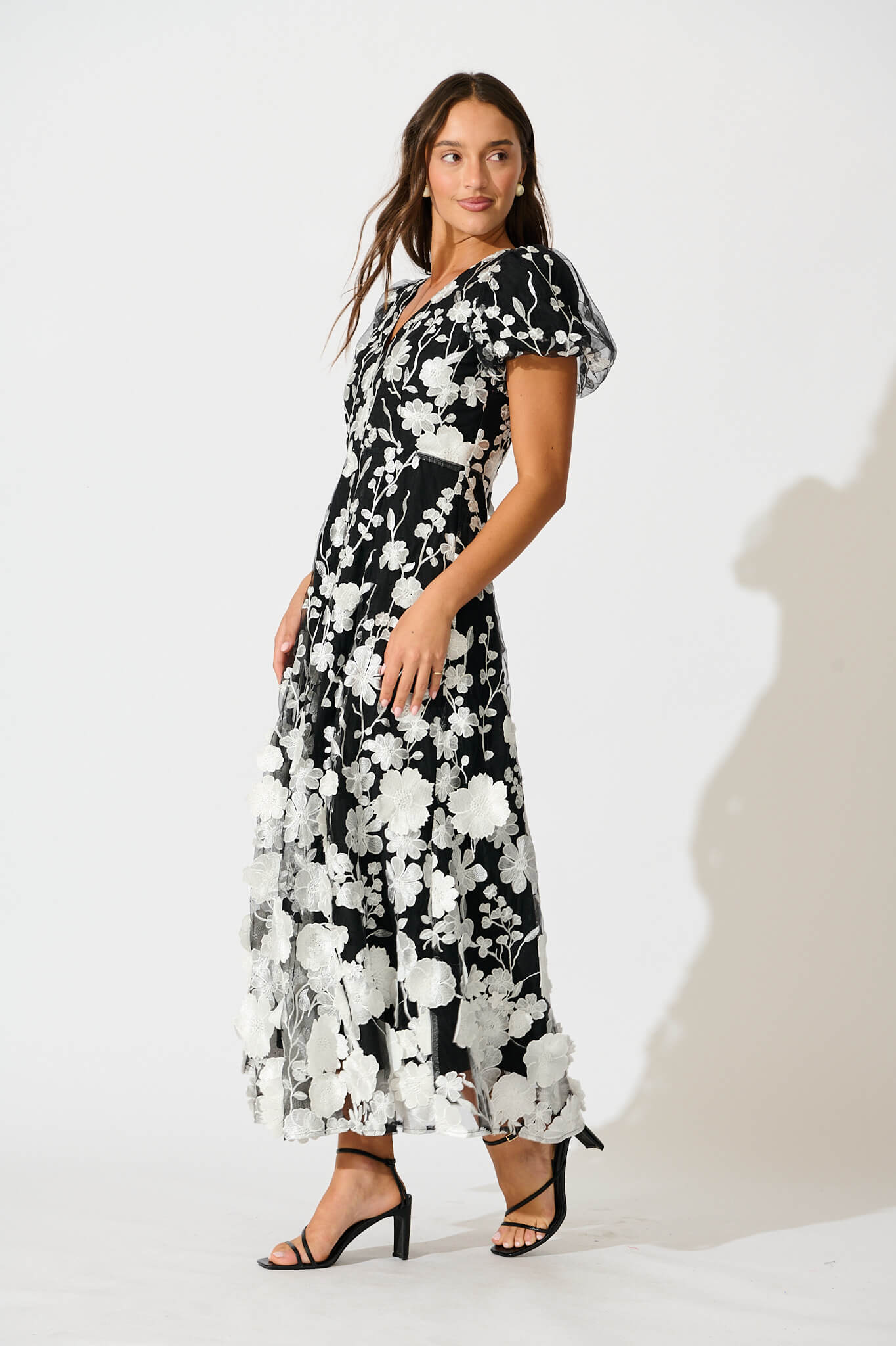 Nashira Maxi Dress in Black and White Embroidered Tulle - Image 3