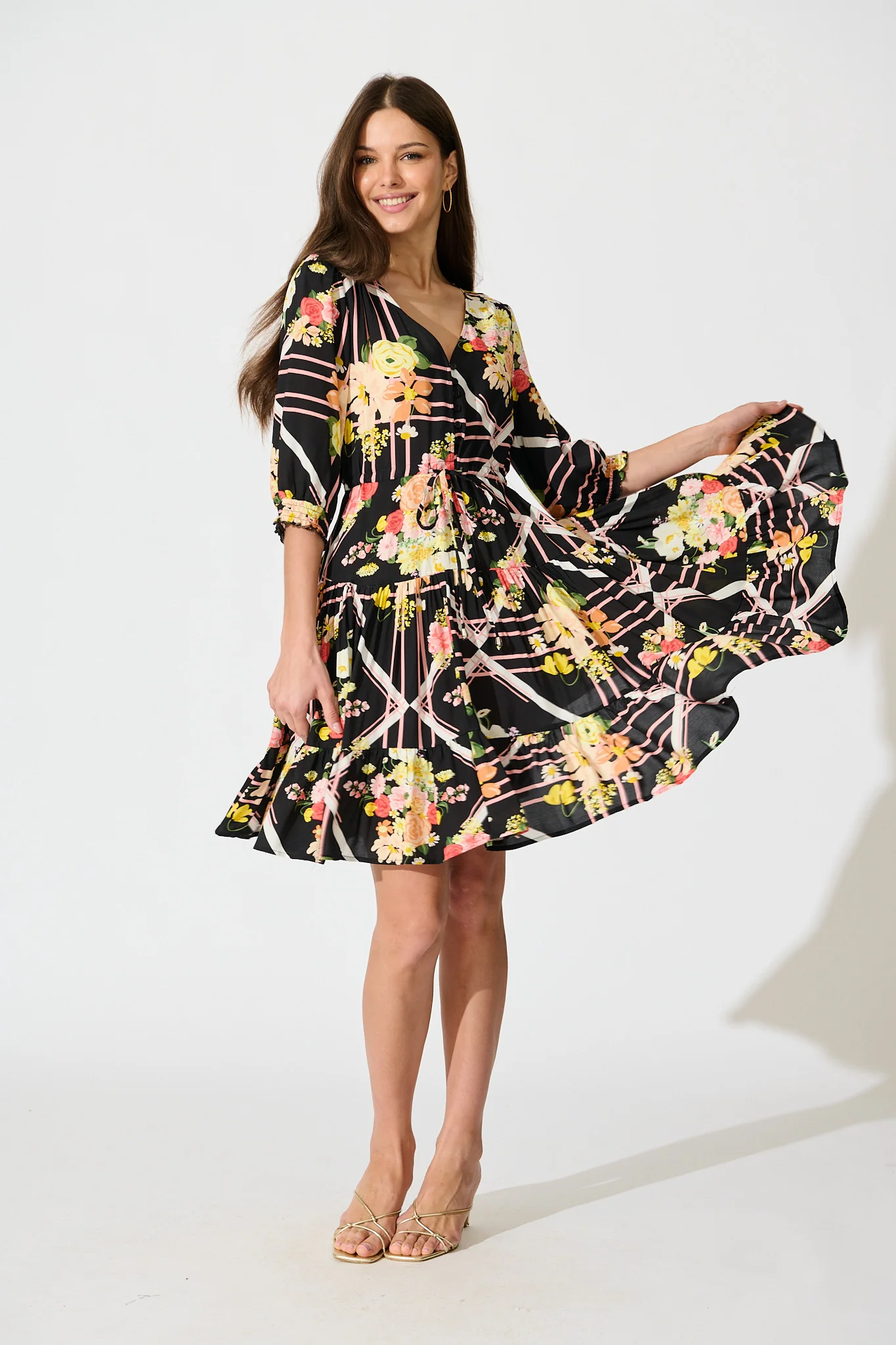 Navianna Dress in Black with Multi Floral