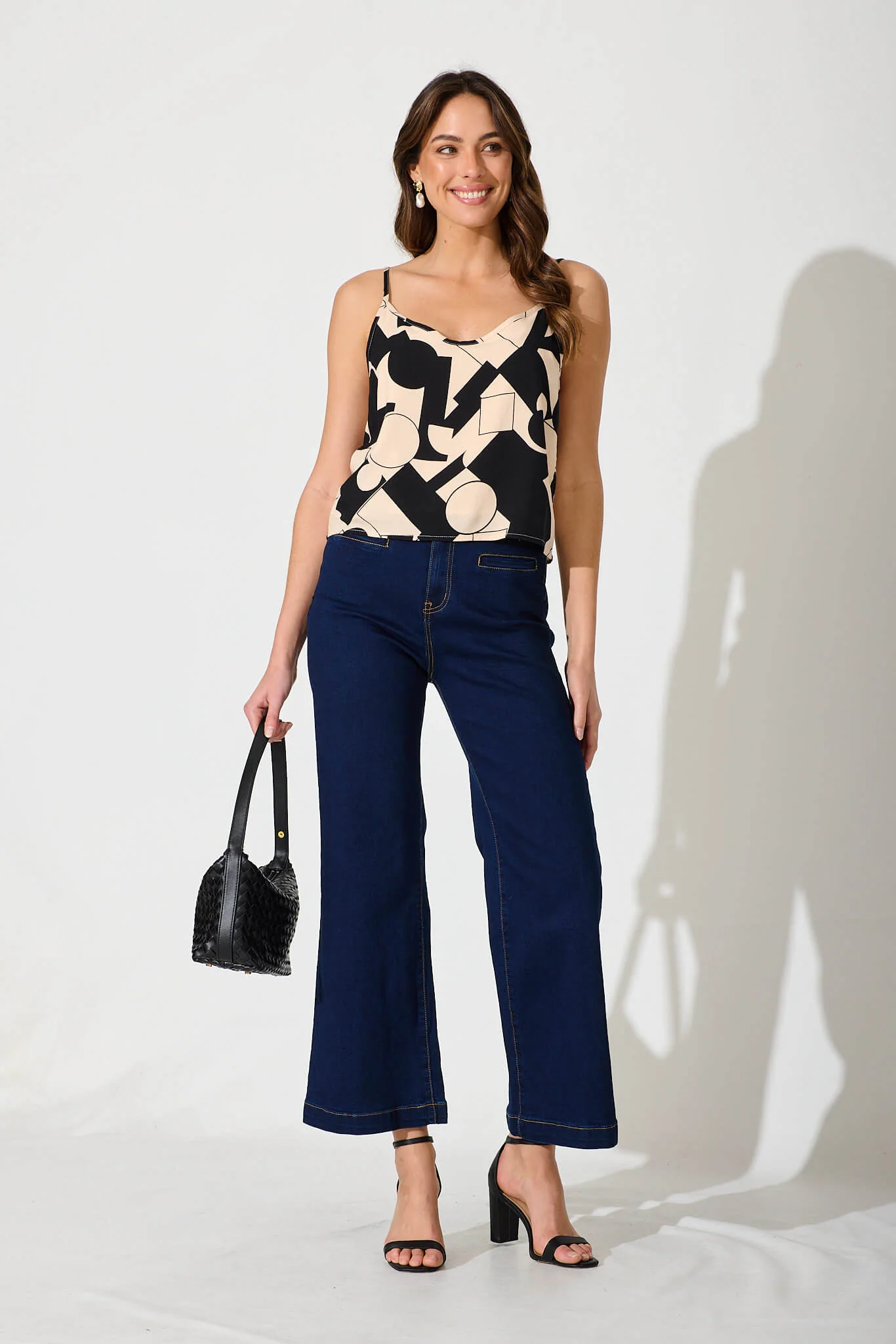 Negroni Cami Top In Cream With Black Geometric Print - Image 4