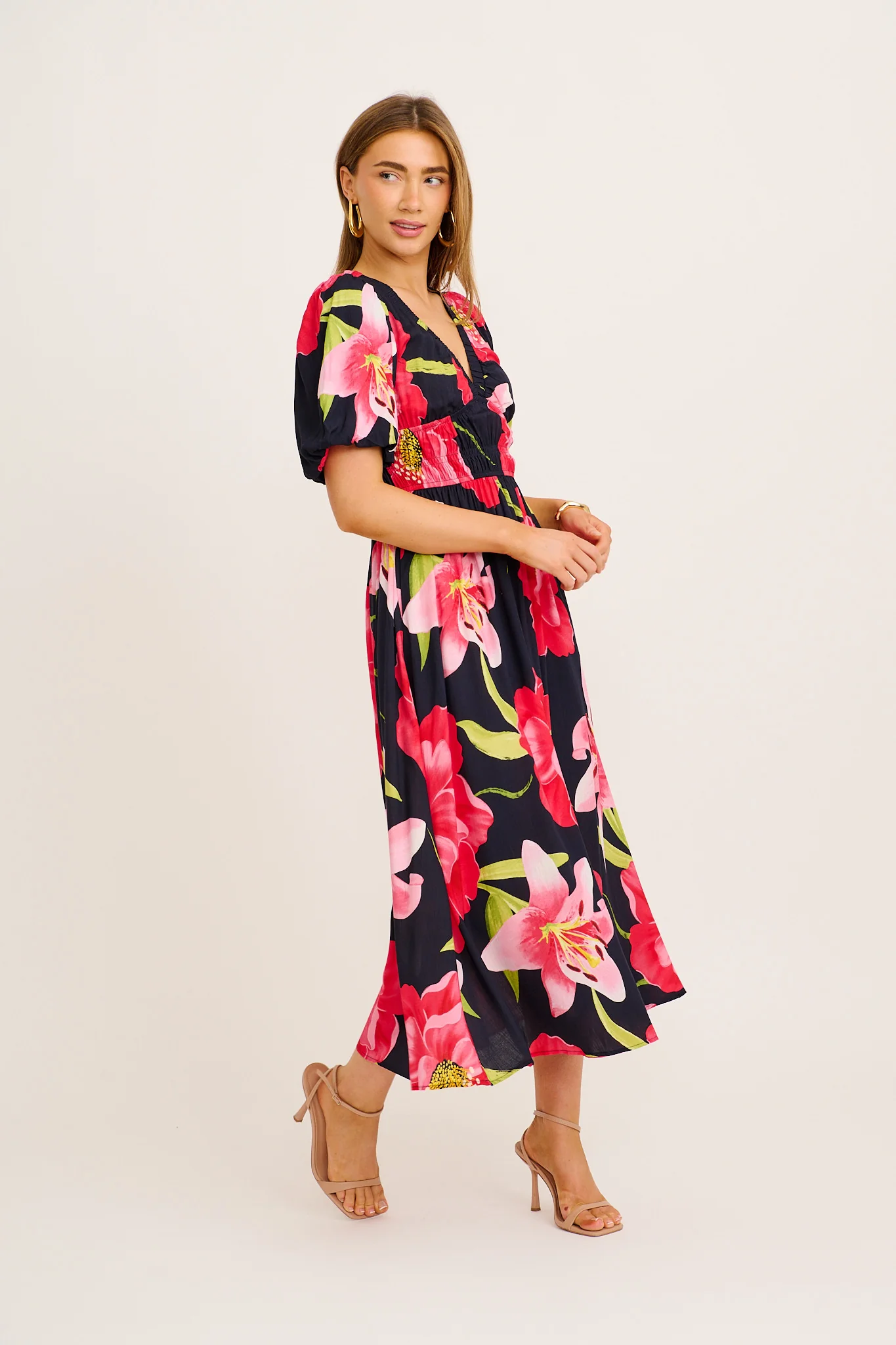 Nerea Midi Dress in Navy with Pink Floral - Image 3
