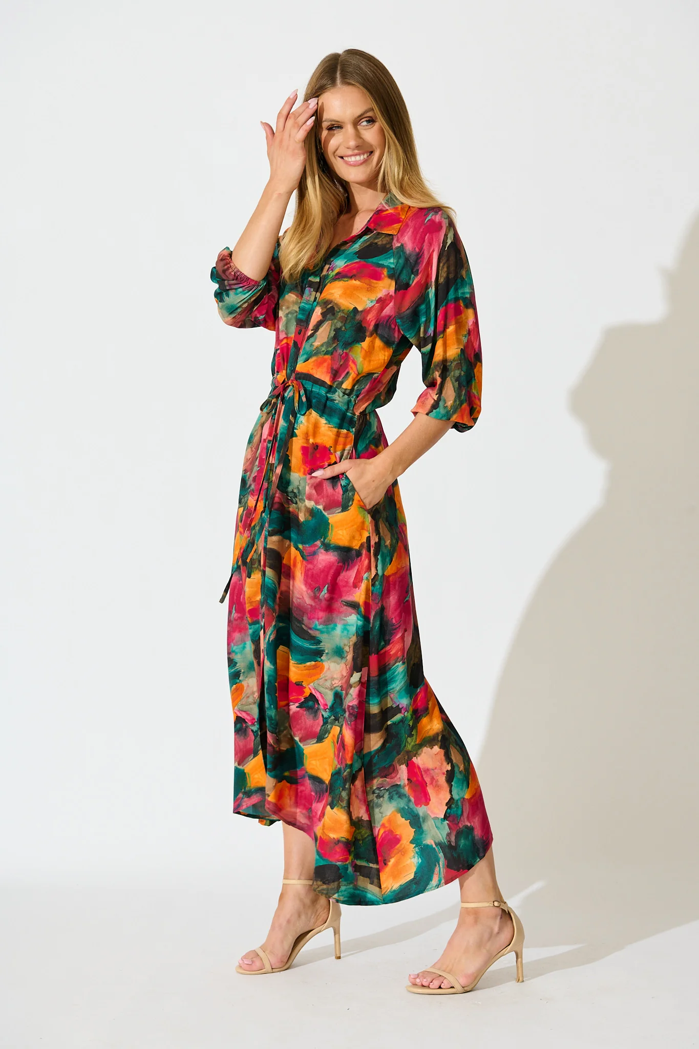Neroli Midi Shirt Dress in Multi Watercolour Print - Image 3