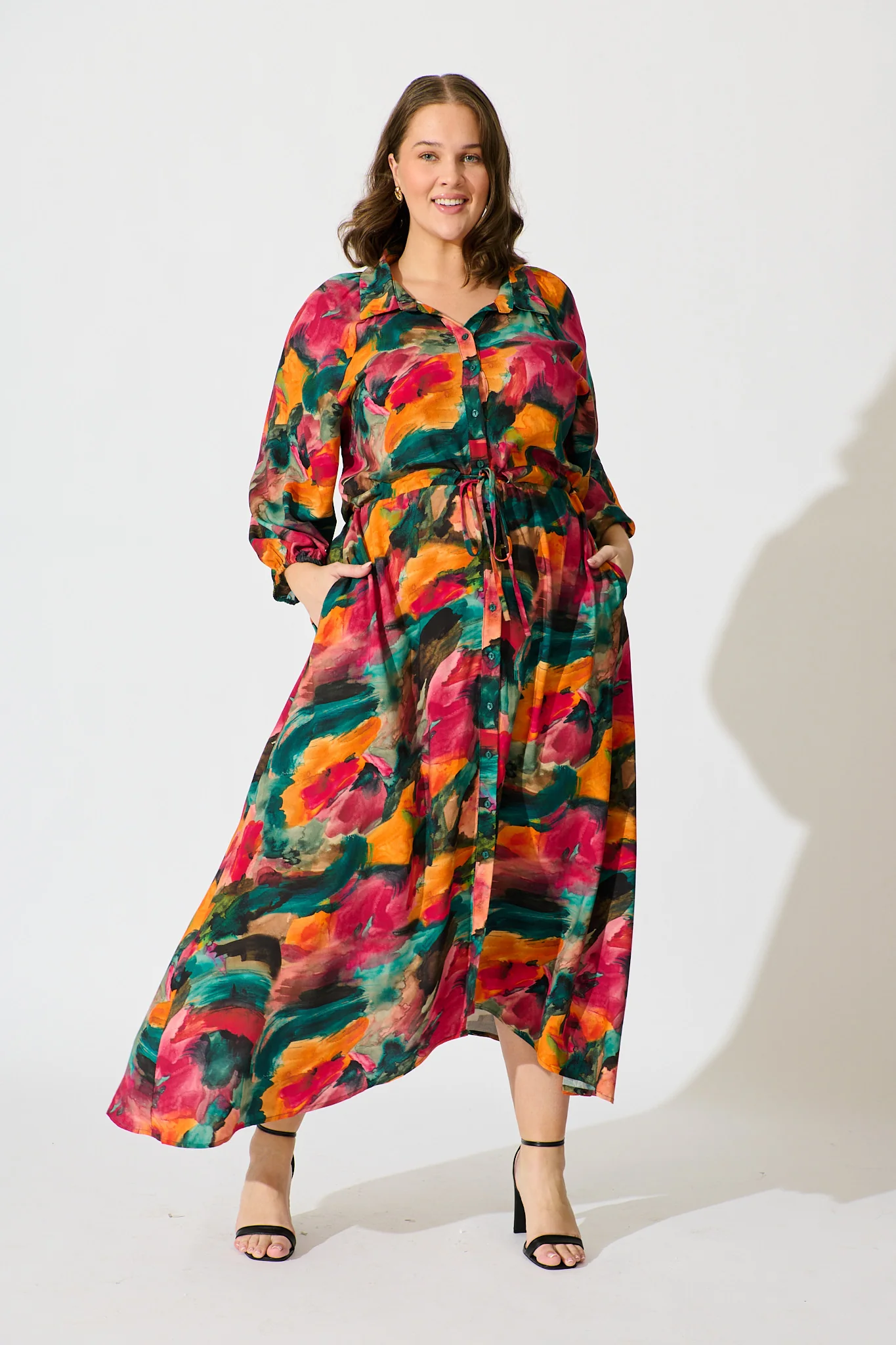 Neroli Midi Shirt Dress in Multi Watercolour Print - Image 7