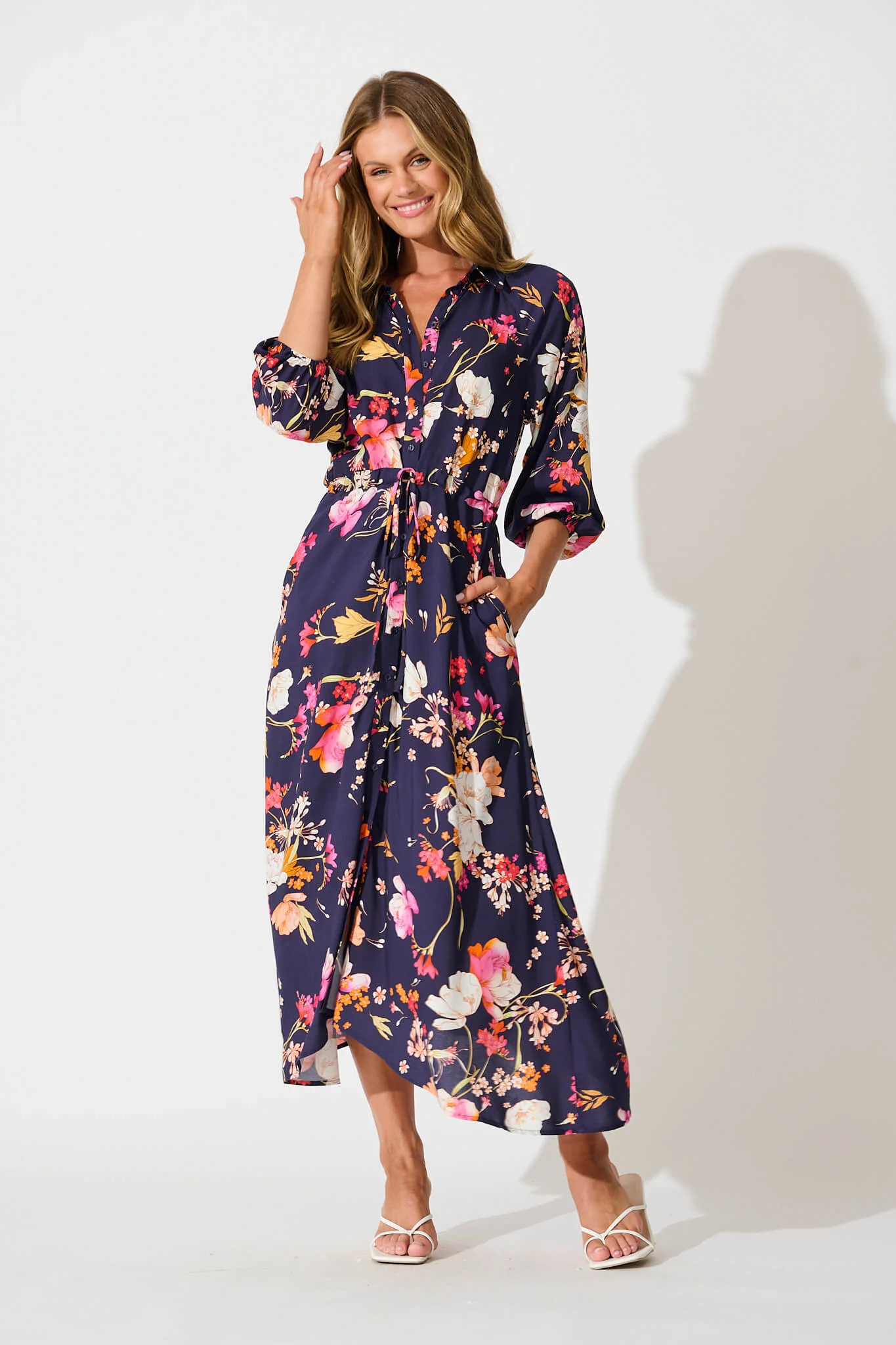 Neroli Midi Shirt Dress In Navy with Multi Floral - Image 5