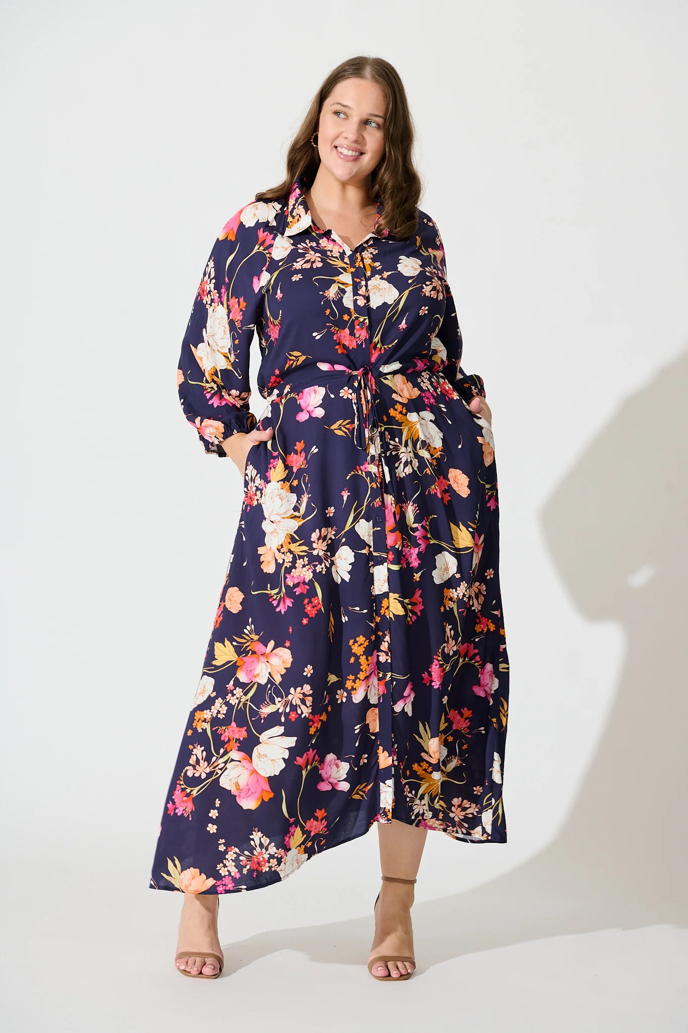 Neroli Midi Shirt Dress In Navy with Multi Floral - Image 7