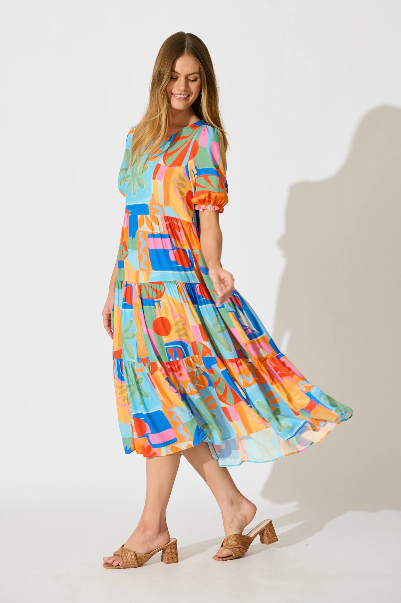 Nevi Tiered Midi Dress in Bright Multi Patchwork Print - Image 3