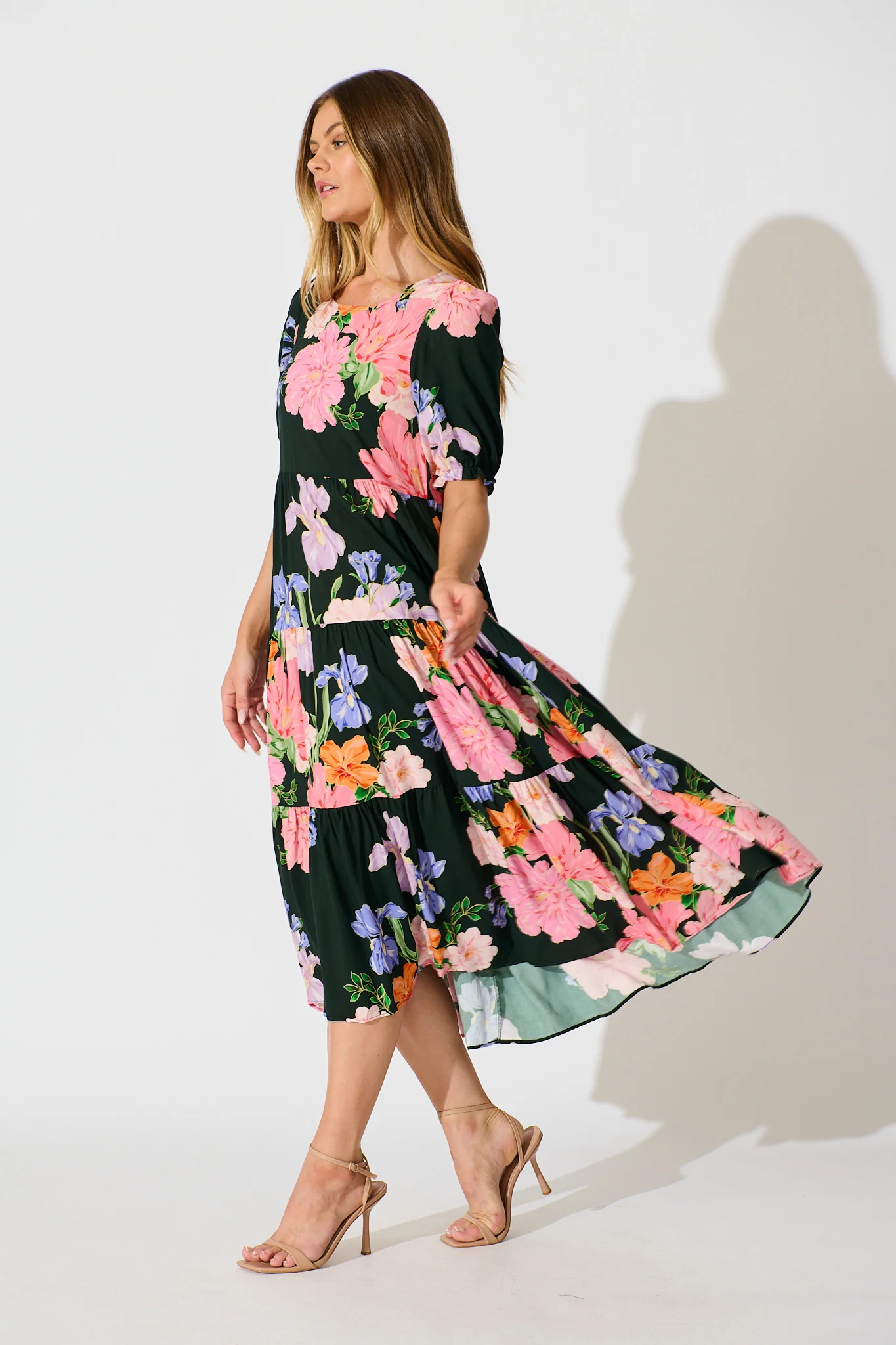 Nevi Tiered Midi Dress in Green Multi Floral - Image 3