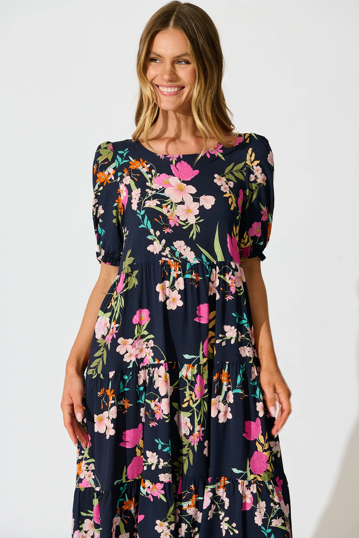 Nevi Tiered Midi Dress In Navy Multi Floral - Image 2