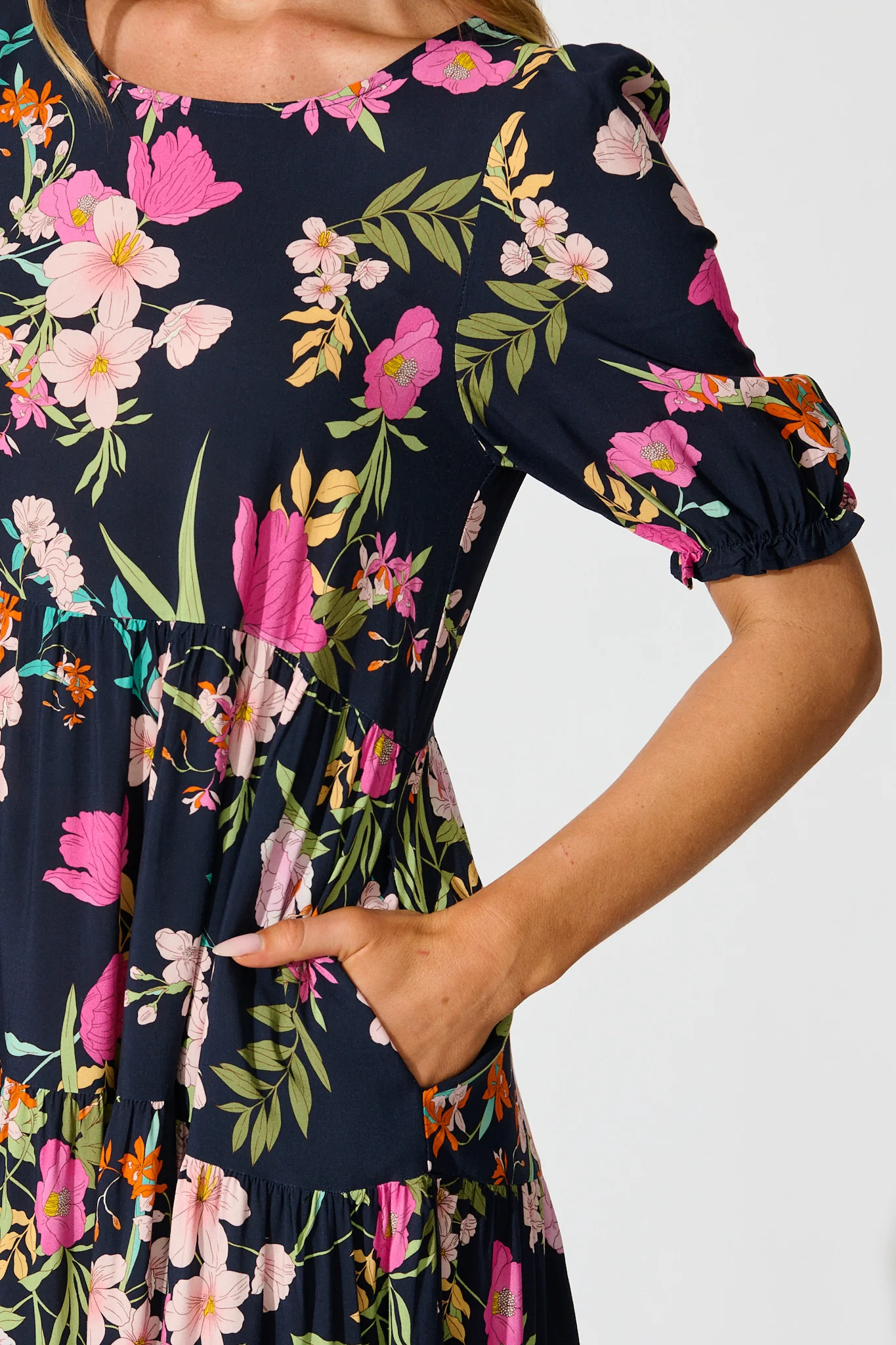 Nevi Tiered Midi Dress In Navy Multi Floral - Image 5