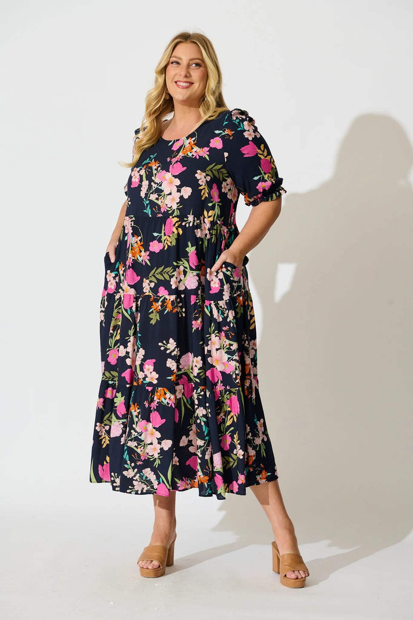 Nevi Tiered Midi Dress In Navy Multi Floral - Image 7