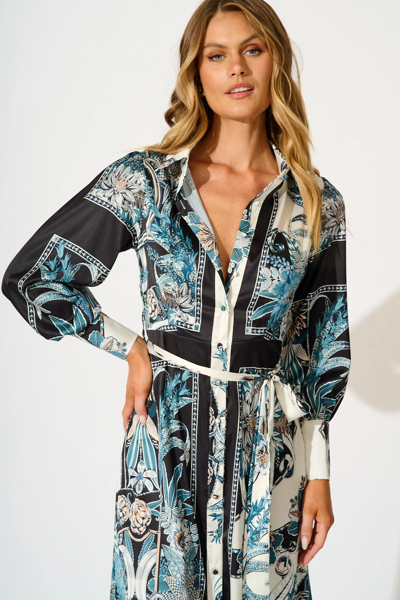 Newman Maxi Shirt Dress in Black and Blue Floral - Image 2