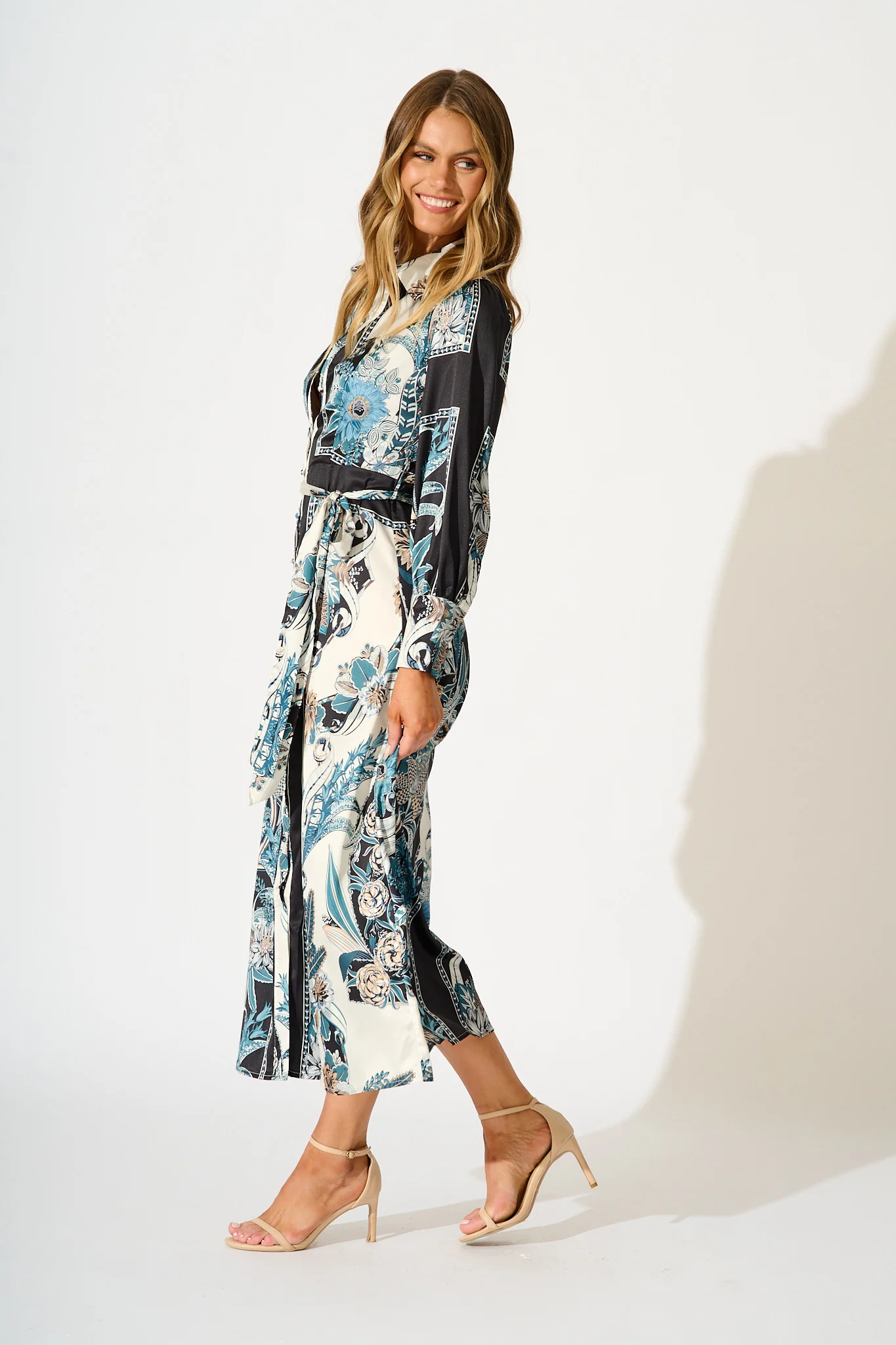Newman Maxi Shirt Dress in Black and Blue Floral - Image 3