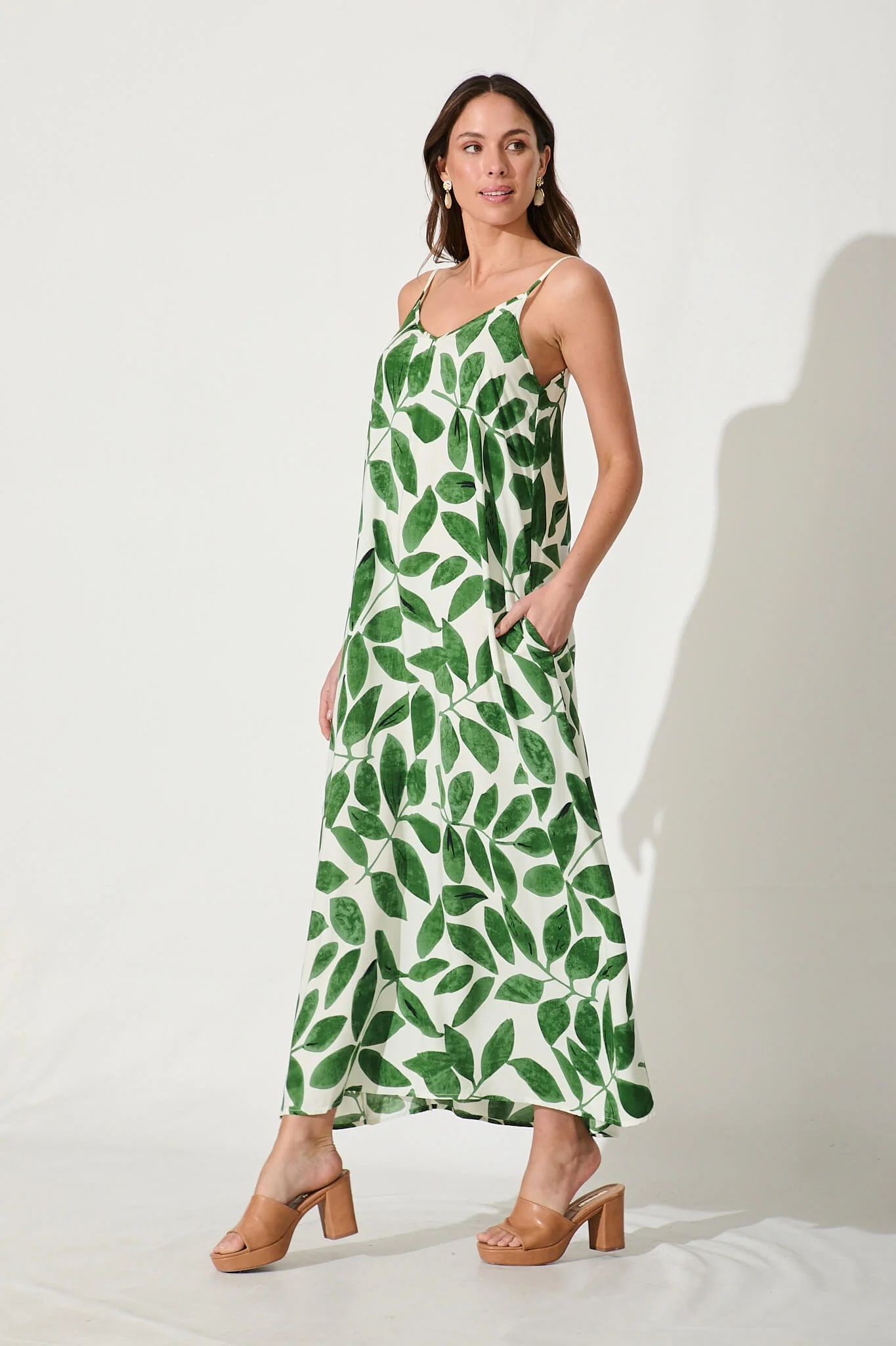 No Scrubs Maxi Dress In Cream With Green Leaf Print - Image 3
