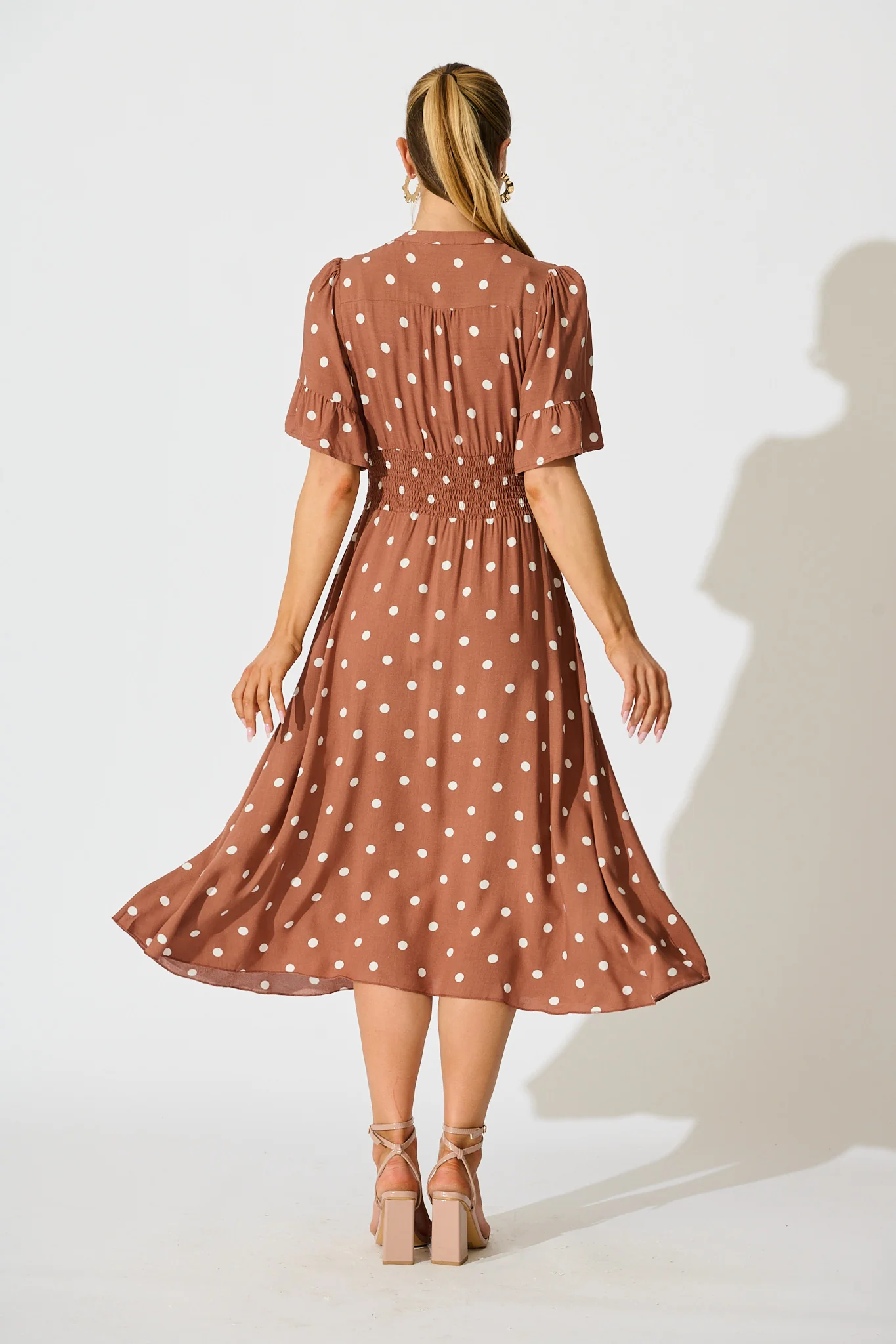 Noree Midi Dress in Brown with White Polka Dot - Image 4