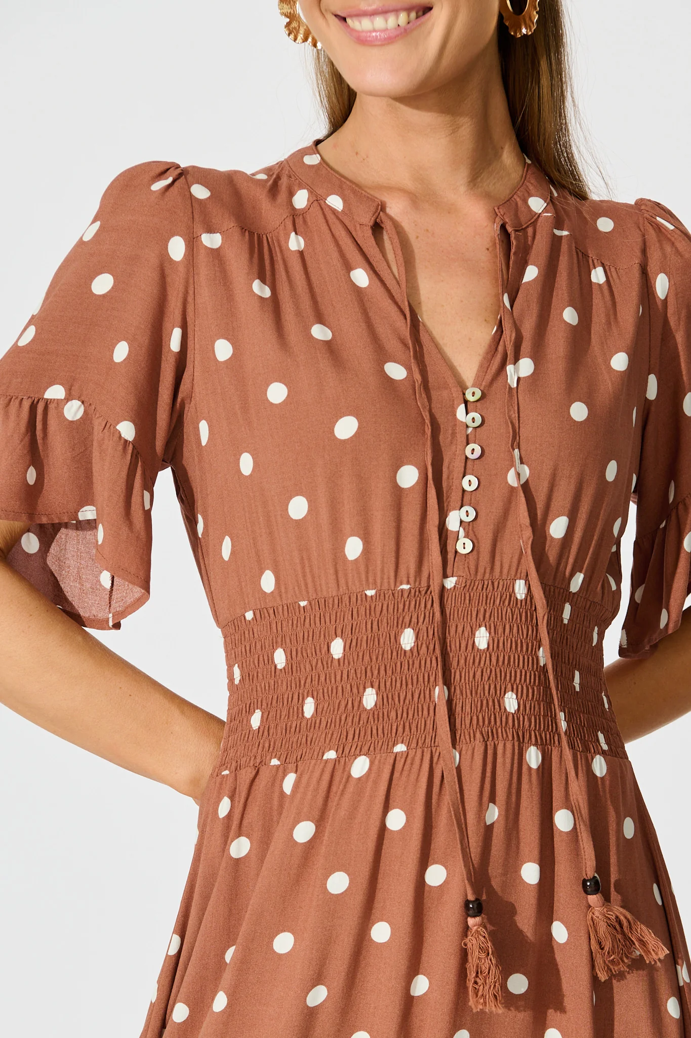 Noree Midi Dress in Brown with White Polka Dot - Image 5