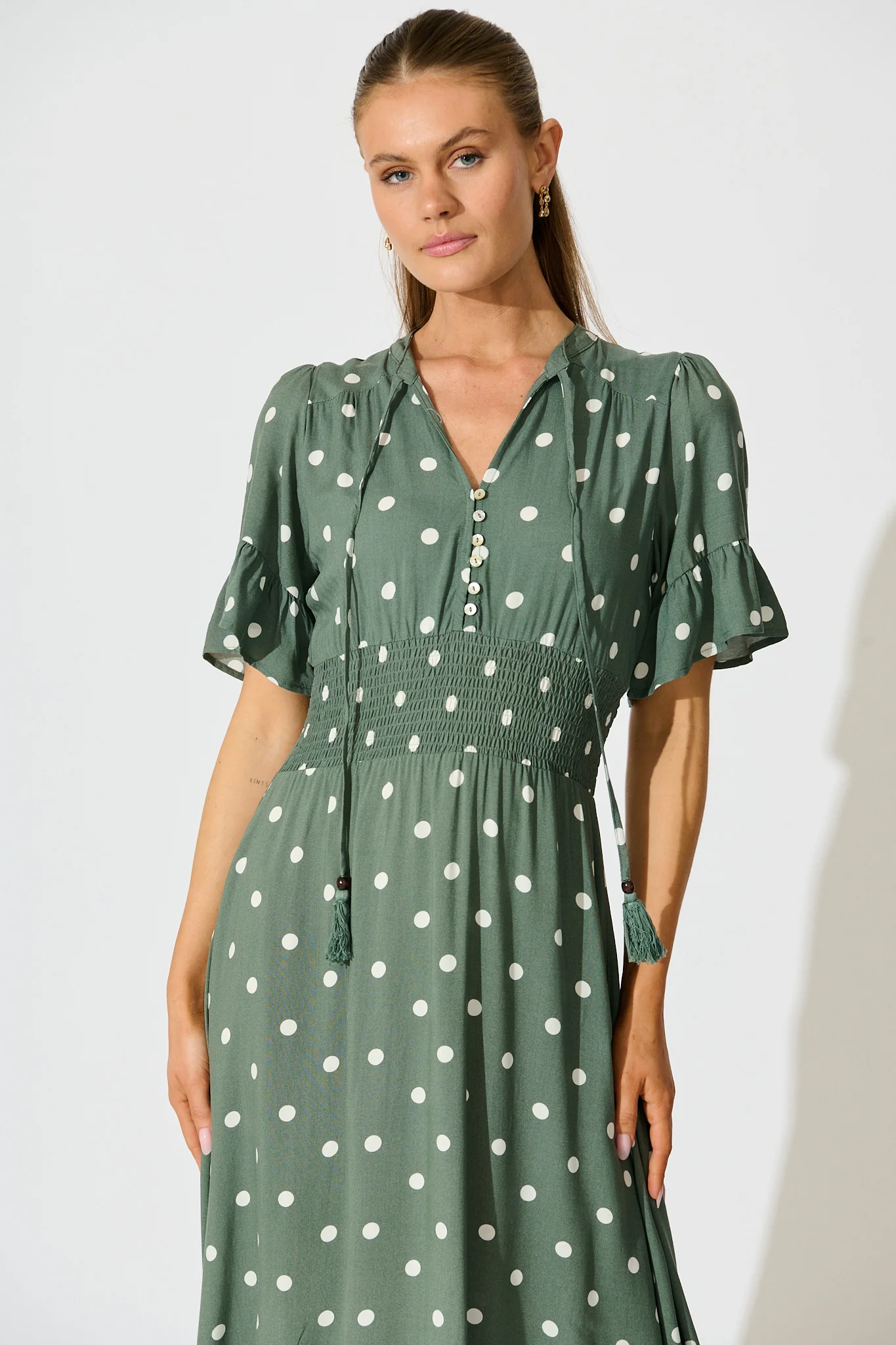 Noree Midi Dress in Khaki with White Polka Dot - Image 2