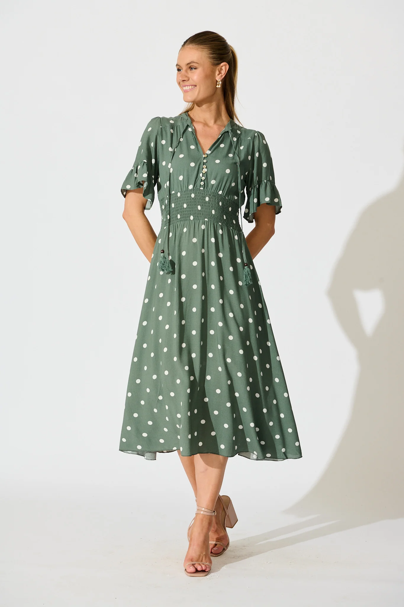 Noree Midi Dress in Khaki with White Polka Dot - Image 3