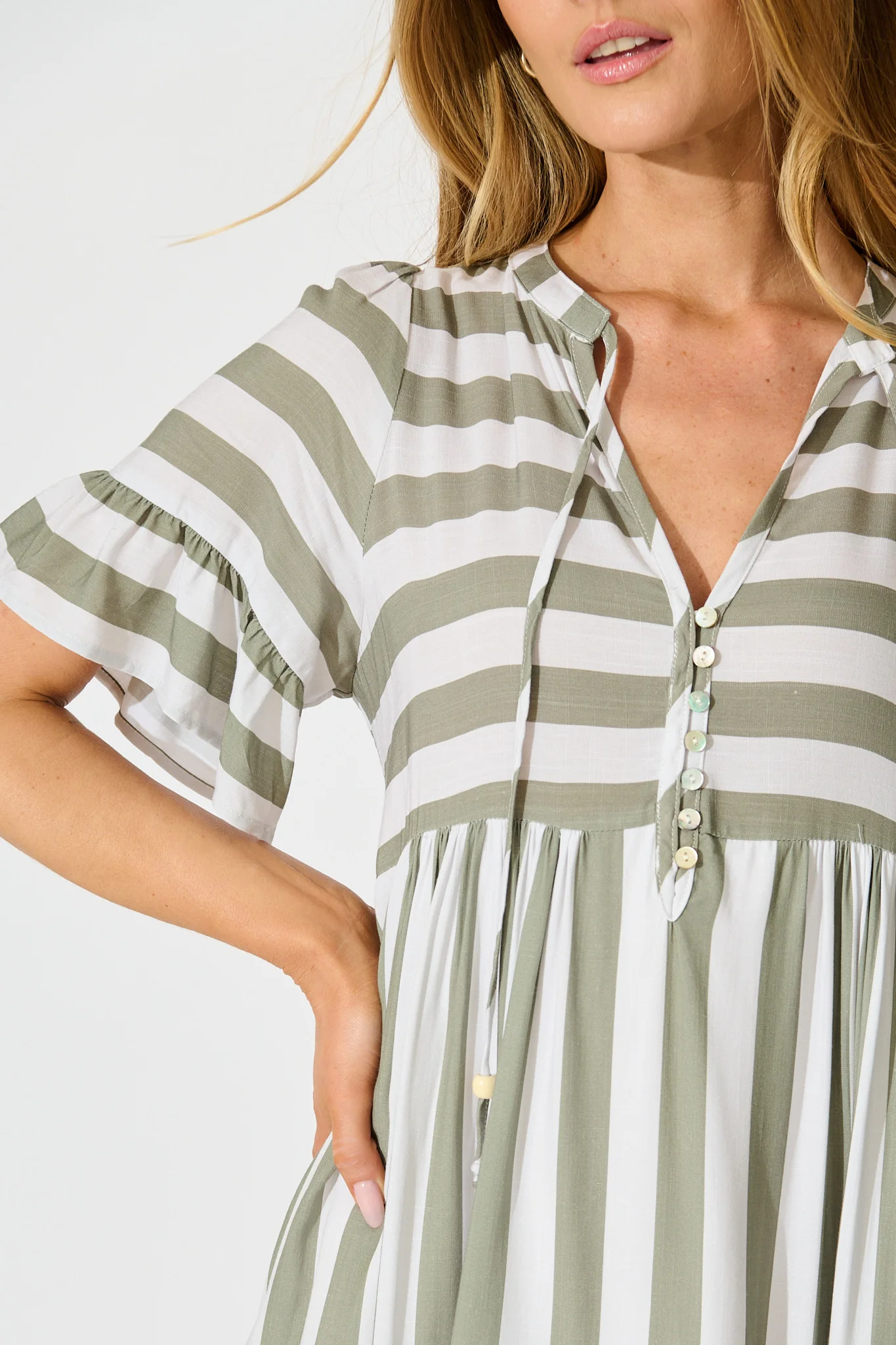 Northcote Smock Dress in Green with White Stripe - Image 5