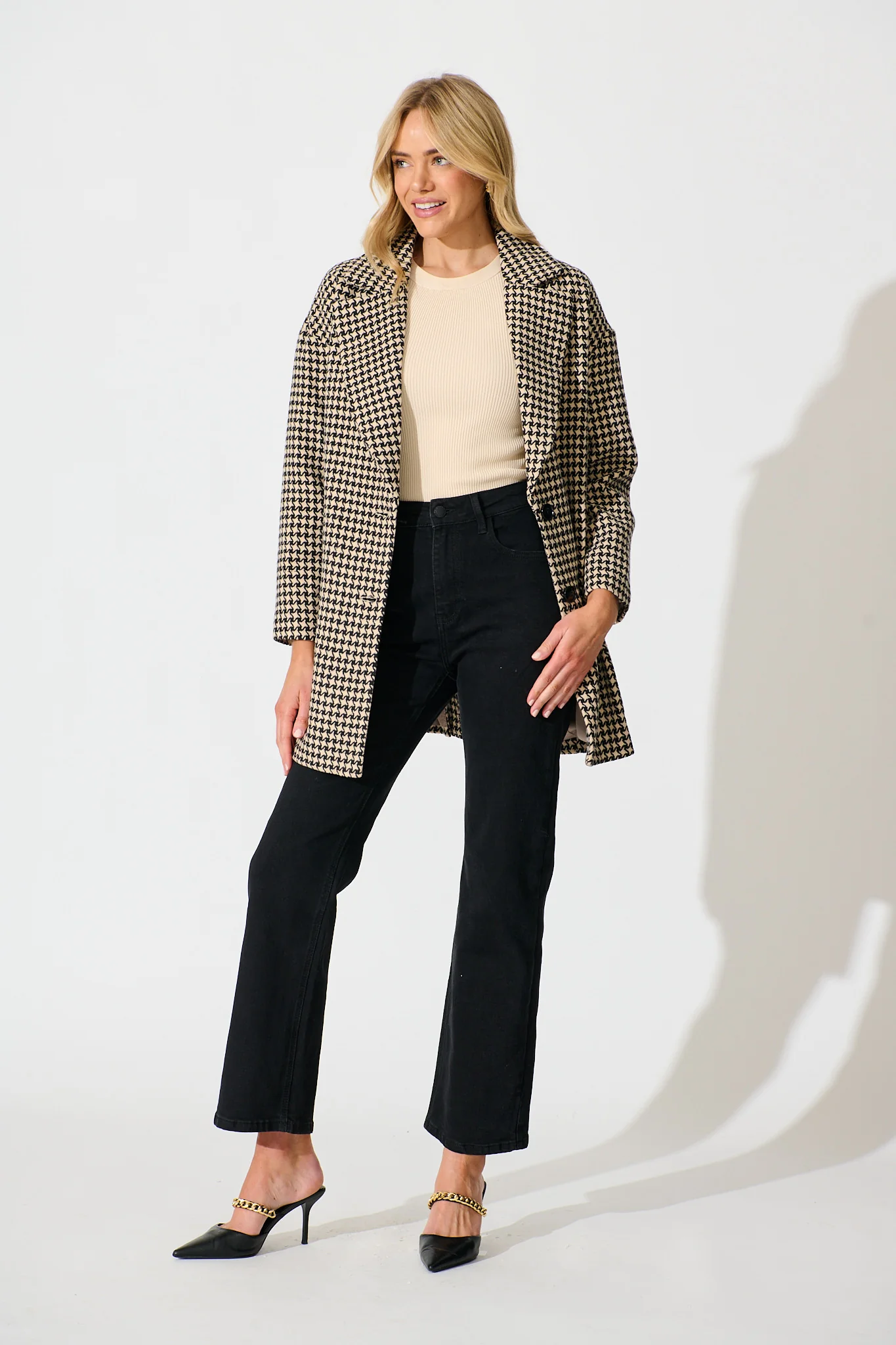 Norvina Coat in Beige with Black Herringbone Check - Image 2