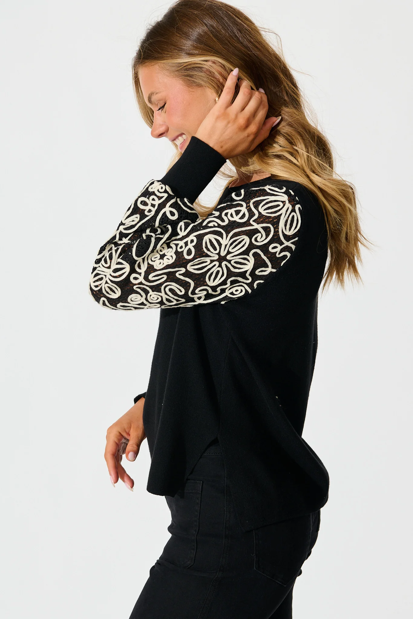 Nyomi Knit in Black with Embroidered Sleeve Wool Blend - Image 5